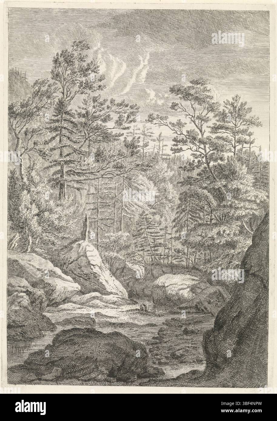 Glauber, Johannes, sconosciuto, Glauber, paesaggi sulle montagne Chartreuzer, Ravijn con alberi e un ruscello, verso medio - stampigliato, paesaggio con un burrone, un ruscello e alcuni alberi. La stampa fa parte di una serie di paesaggi montani sulle montagne di Chartreuzer., stampa, larghezza 231 mm, altezza, 334 mm, 1646 - 1726, stampatore, 1656 - 1726, carta, incisione, pubblicazione (evento), pubblicazione, editore Foto Stock