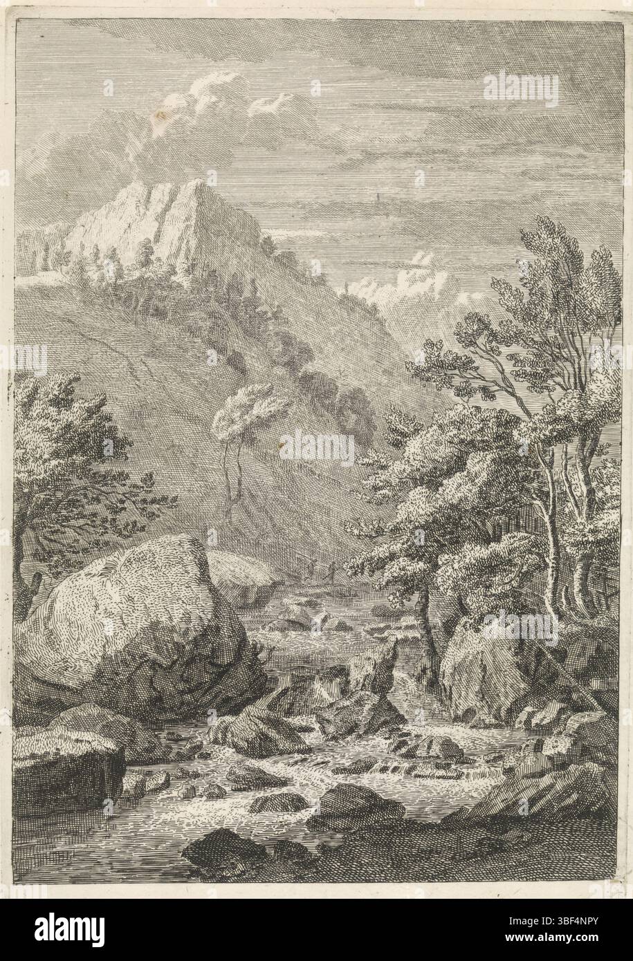 Glauber, Johannes, sconosciuto, Glauber, paesaggi sulle montagne Chartreuzer, Ravijn con una grande cascata, verso medio - stampato, paesaggio con un burrone, una piccola cascata e alcuni alberi. Sullo sfondo il massiccio montano. La stampa fa parte di una serie di paesaggi montani nelle montagne di Chartreuzer., stampa, larghezza 232 mm, altezza, 331 mm, 1646 - 1726, stampatore, 1656 - 1726, carta, incisione, pubblicazione (evento), pubblicazione, editore Foto Stock