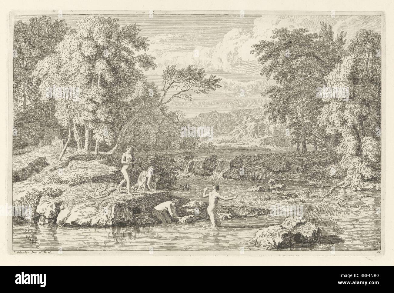 Glauber, Johannes, unknown, Glauber, Arcadian Landscapes, paesaggio arcadiano con quattro donne che fanno il bagno, verso in basso a sinistra - impresso, un paesaggio arcadiano con fiume e una cascata. Quattro donne che fanno il bagno sulla riva. La stampa fa parte di una serie di paesaggi arcadiani., stampa, larghezza 370 mm, altezza, 240 mm, 1646 - 1726, stampatore, 1656 - 1726, carta, incisione, concezione del lavoro, 1646 - 1726 Foto Stock