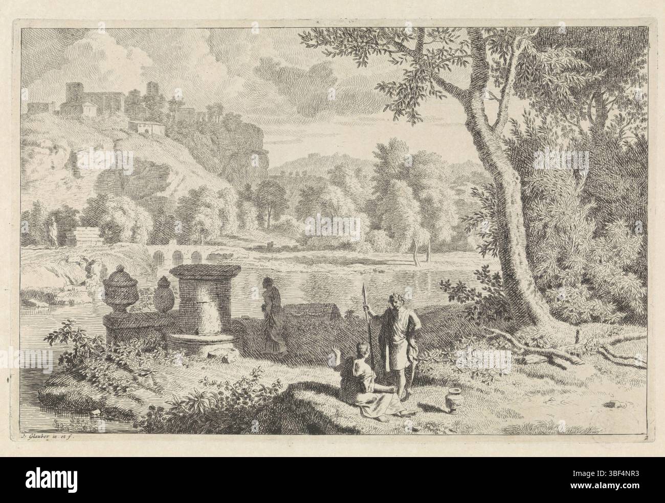 Glauber, John, sconosciuto, Glauber, Johannes, paesaggi arcadiani, paesaggio arcadiano con un fiume, verso in basso a sinistra - stampato, un paesaggio arcadiano con un fiume. Lungo le rovine della banca. In primo piano, un uomo con una lancia e una donna seduta. Entrambi sono in abiti romani. Una città sullo sfondo. La stampa fa parte di una serie di paesaggi arcadiani., stampa, larghezza 364 mm, altezza, 240 mm, 1646 - 1726, stampatore, 1656 - 1726, carta, incisione, concezione del lavoro, 1646 - 1726 Foto Stock
