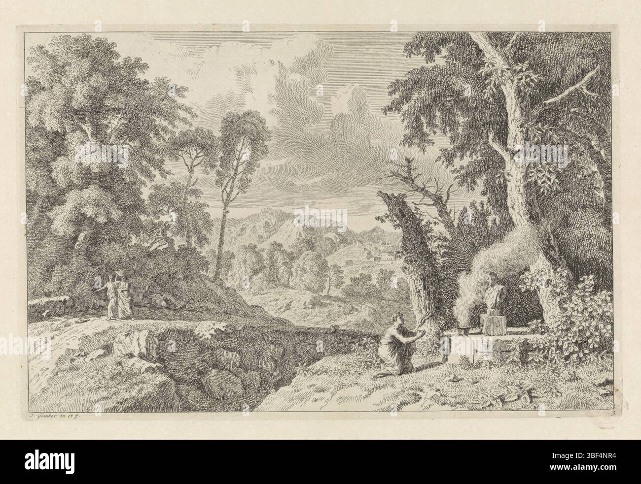 Glauber, Johannes, unknown, Glauber, Arcadian Landscapes, paesaggio arcadiano con un sacrificio a Pan, verso in basso a sinistra - timbrato, un paesaggio arcadiano con una strada a sinistra. In primo piano, un uomo prega per un busto del dio Pan. Sta facendo un sacrificio di fuoco. La stampa fa parte di una serie di paesaggi arcadiani., stampa, larghezza 366 mm, altezza, 242 mm, 1646 - 1726, stampatore, 1656 - 1726, carta, incisione, concezione del lavoro, 1646 - 1726 Foto Stock