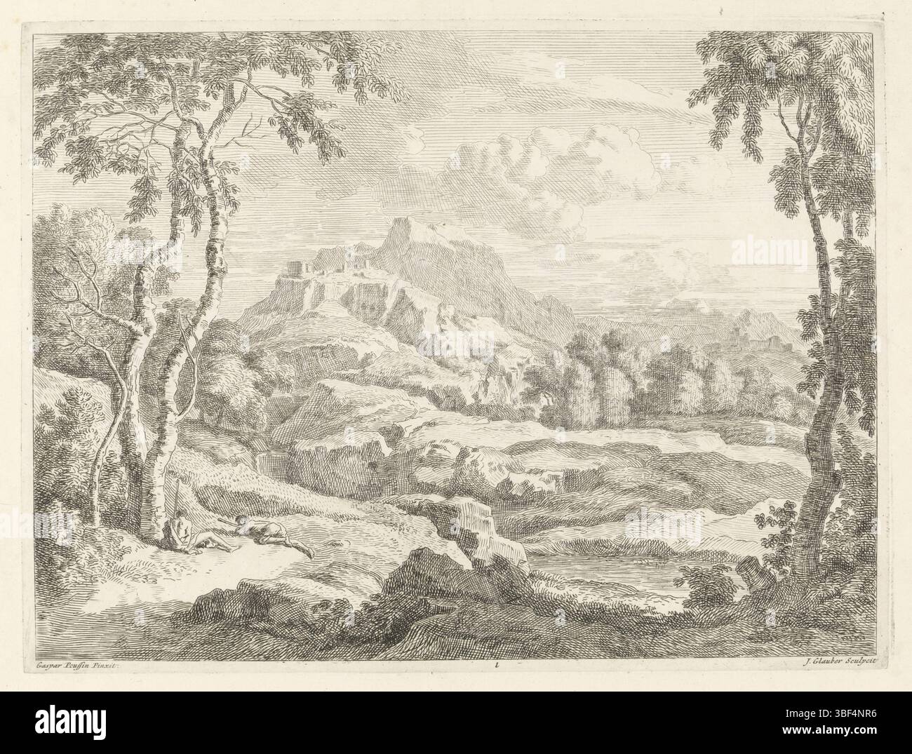 Dughet, Gaspard, sconosciuto, Glauber, Johannes, paesaggi a Gaspar Poussin, paesaggio con pastori, verso sotto - timbrato, paesaggio collinare con due pastori dormienti in primo piano. La stampa fa parte di una serie di paesaggi a dipinti di Gaspar Poussin., stampa, altezza 294 mm, larghezza 392 mm, 1646 - 1726, macchina per stampa, 1656 - 1726, carta, incisione, francese, italiano, 1615-06-07 - 1675-05-25 Foto Stock