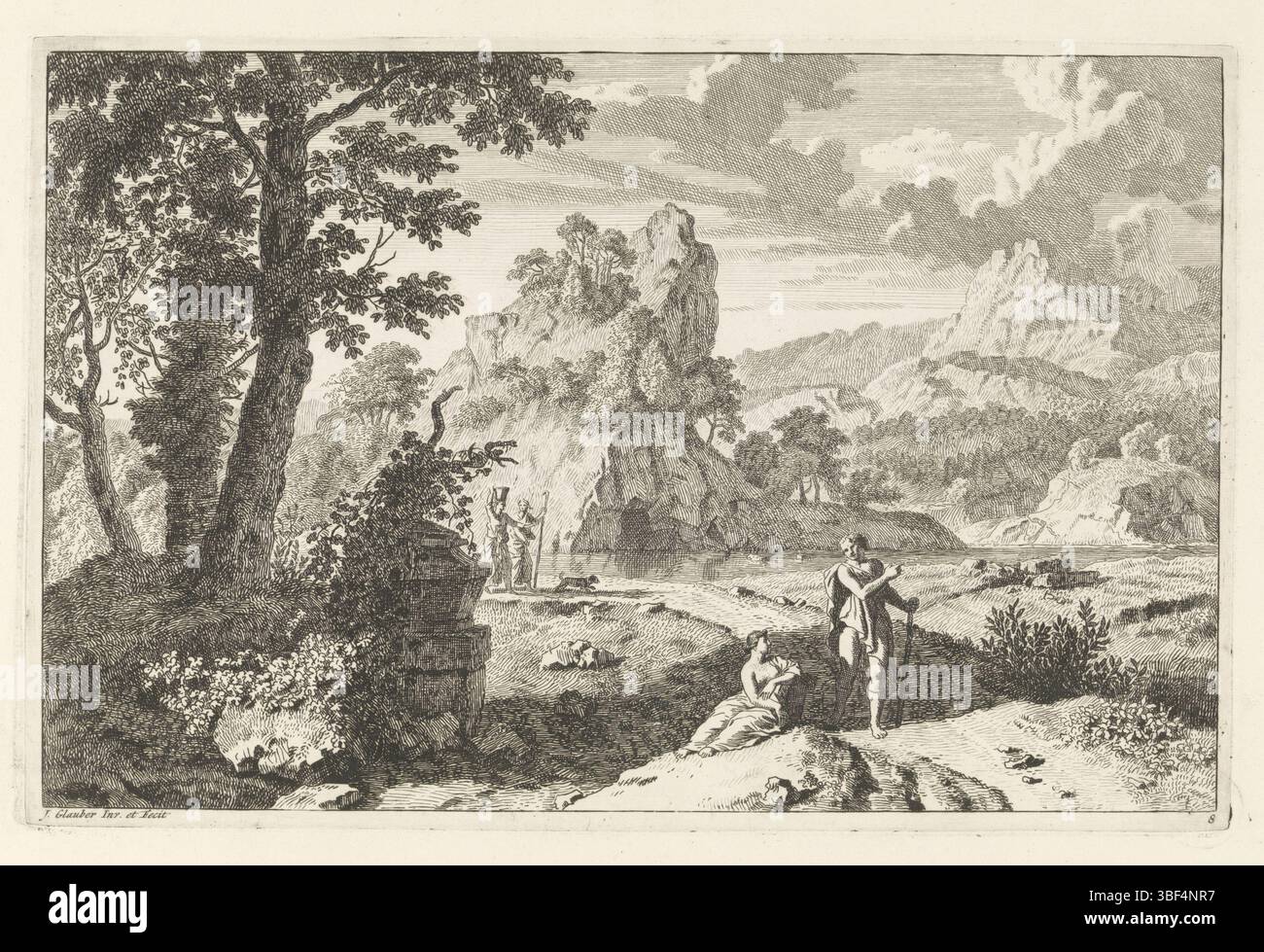 Glauber, Johannes, unknown, Glauber, Arcadian Landscapes, paesaggio arcadiano con rovine, verso in basso a sinistra - impresso, un paesaggio arcadiano con rovine. Sulla destra una strada con degli escursionisti. Sullo sfondo un massiccio di montagna. La stampa fa parte di una serie di paesaggi arcadiani., stampa, larghezza 364 mm, altezza, 240 mm, 1646 - 1726, stampatore, 1656 - 1726, carta, incisione, concezione del lavoro, 1646 - 1726 Foto Stock