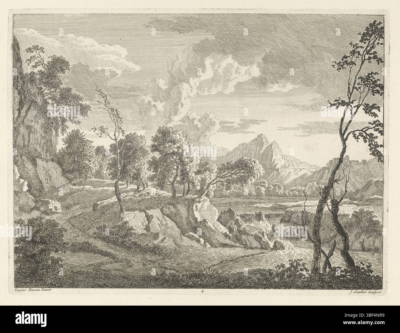 Dughet, Gaspard, sconosciuto, Glauber, Johannes, paesaggi fino a Gaspar Poussin, paesaggio collinare con cascata, verso sotto - impregnato, paesaggio collinare con in primo piano una cascata che sfocia in uno stagno. La stampa fa parte di una serie di paesaggi a dipinti di Gaspar Poussin., stampa, altezza 292 mm, larghezza 387 mm, 1646 - 1726, macchina per stampa, 1656 - 1726, carta, incisione, francese, italiano, 1615-06-07 - 1675-05-25 Foto Stock