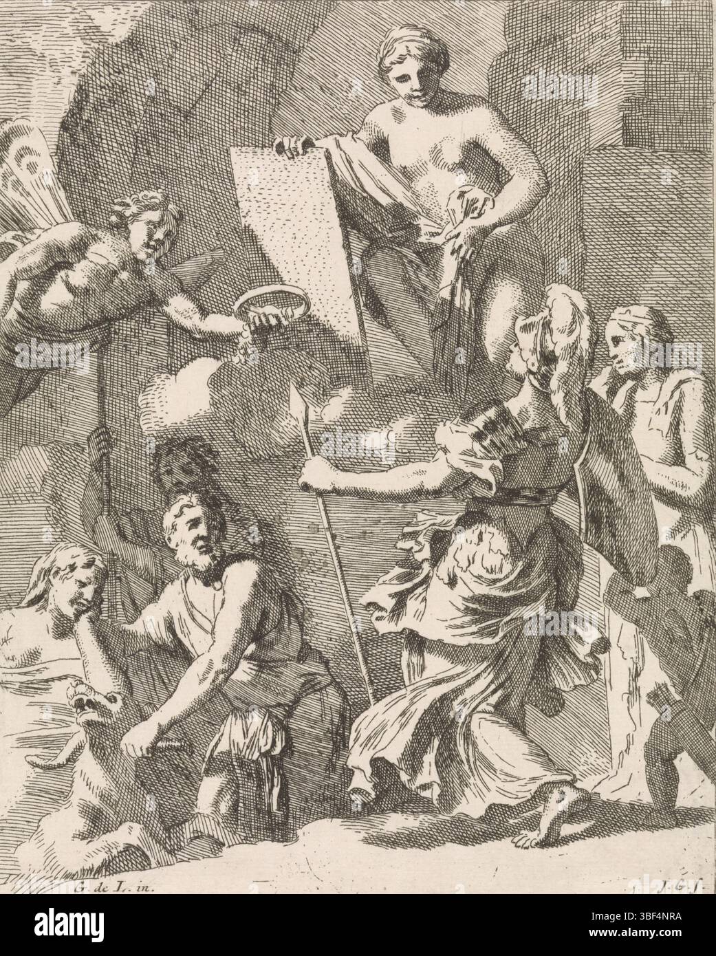 Schenk, Leonard, Lairesse, Gerard de, sconosciuto, Glauber, Johannes, spettacoli mitologici e allegorici, allegorie op de printkunst, verso sinistra sotto - timbrato, il faam volante (fama) regala a Minerva una corona onoraria. Sullo sfondo la personificazione della stampa artistica, una donna con una grande placca metallica nelle mani. La stampa fa parte di una serie con prestazioni mitologiche e allegoriche., stampa, larghezza 148 mm, altezza, 182 mm, 1646 - 1726, stampatore, 1656 - 1726, carta, incisione, Work Conception, Noord-Nederlands, 1641 - 1711, After Design by, Publication (evento), pubblicazione, No Foto Stock