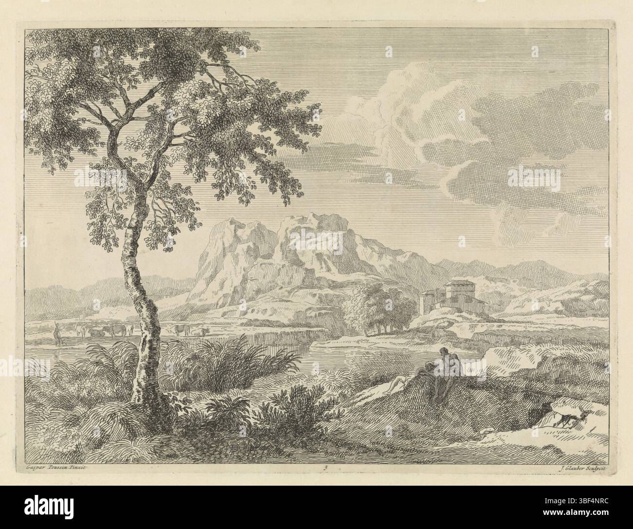 Dughet, Gaspard, sconosciuto, Glauber, Johannes, paesaggi a Gaspar Poussin, paesaggio collinare con due bagnanti, verso sotto - impregnato, paesaggio collinare con una casa in lontananza. In primo piano due bagnanti che si godono il sole. La stampa fa parte di una serie di paesaggi a dipinti di Gaspar Poussin., stampa, altezza 294 mm, larghezza 389 mm, 1646 - 1726, macchina per stampa, 1656 - 1726, carta, incisione, francese, italiano, 1615-06-07 - 1675-05-25 Foto Stock