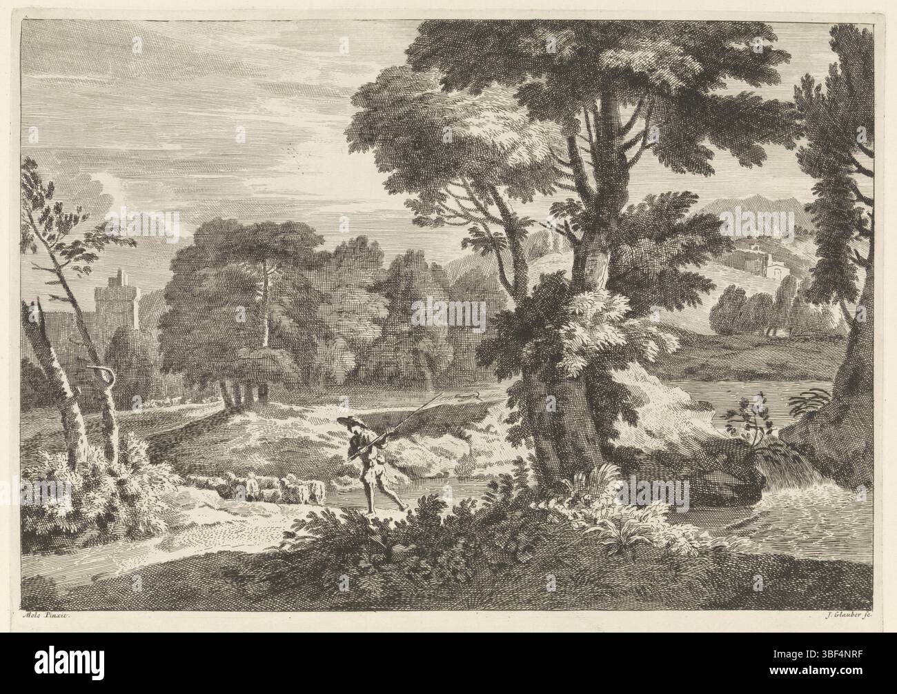 Molo, Glauber, Johannes, paesaggio forestale con un pastore, verso sotto - timbrato, Un paesaggio boscoso con un ruscello. In primo piano un pastore e il suo gregge di pecore. Alla pittura di Molo., stampa, altezza 278 mm, larghezza 381 mm, 1646 - 1726, stampatrice, 1656 - 1726, carta, incisione, incisione Foto Stock