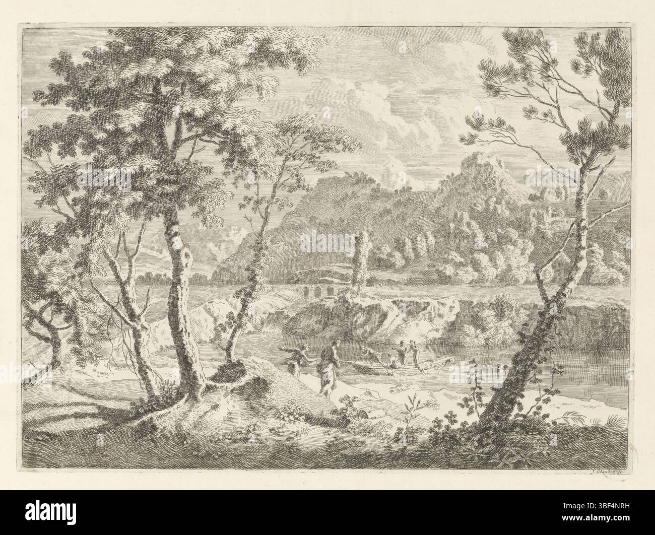 Sconosciuto, Glauber, Johannes, paesaggio fluviale con una barca, sconosciuto, verso in basso a sinistra - timbrato, Un paesaggio collinare con un fiume. Una barca con quattro passeggeri sull'acqua. Due donne che guardano sulla riva, stampa, altezza 280 mm, larghezza 382 mm, 1646 - 1726, stampatrice, 1656 - 1726, carta, incisione, incisione Foto Stock