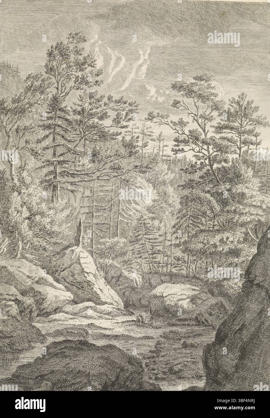Glauber, Johannes, sconosciuto, Glauber, paesaggi sulle montagne Chartreuzer, Ravijn con alberi e un ruscello, verso medio - stampigliato, paesaggio con un burrone, un ruscello e alcuni alberi. La stampa fa parte di una serie di paesaggi montani nelle montagne di Chartreuzer., stampa, larghezza 229 mm, altezza, 326 mm, 1646 - 1726, stampatore, 1656 - 1726, carta, incisione, pubblicazione (evento), pubblicazione, editore Foto Stock