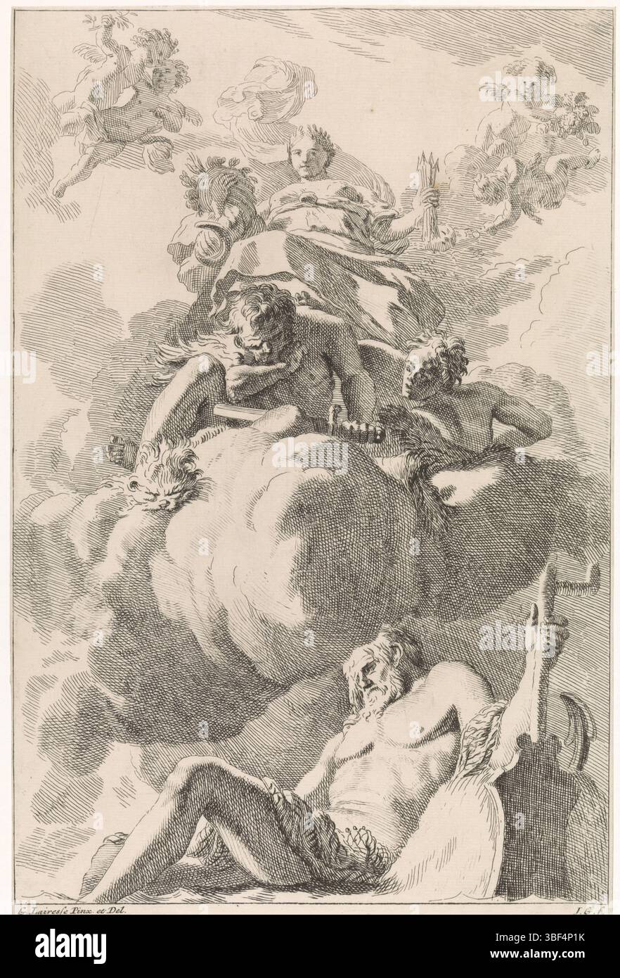 Amsterdam, Schenk, Leonard, Amsterdam, Lairesse, Gerard de, unknown, Glauber, Johannes, Biblico, rappresentazioni mitologiche e allegoriche, Concord ha incastrato l'ira: un'allegoria sull'unità, verso nel mezzo - impressa, nelle nuvole di Eendracht, con la cornucopia e con un mucchio di frecce in mano. Intorno al suo putti. Ha incatenato la personificazione lacerata. In primo piano la personificazione del fiume IJ. La stampa è su un dipinto a soffitto di Gerard de Lairesse e fa parte di una serie con performance bibliche, mitologiche e allegoriche., stampa, altezza 300 mm, larghezza 198 mm, 1646 Foto Stock
