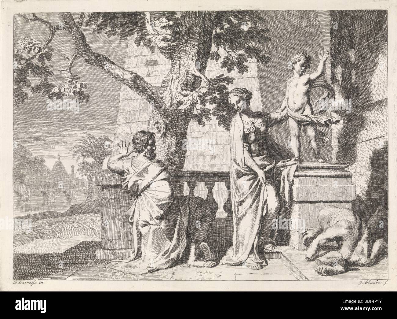 Amsterdam, Schenk, Leonard, Lairesse, Gerard de, ignoto, Glauber, Johannes, rappresentazioni bibliche, mitologiche e allegoriche, Cristo rompe una statua, Amsterdam, verso nel mezzo - timbrato, Christchild si erge su un pilastro e ha appena rotto un'immagine religiosa. La statua è a pezzi sul pavimento. Mary e Joseph stanno guardando. La stampa fa parte di una serie con prestazioni bibliche, mitologiche e allegoriche. Stampa, altezza 280 mm, larghezza 385 mm, 1646 - 1726, stampatore, 1656 - 1726, carta, incisione, ideazione del lavoro, Noord-Nederlands, 1641 - 1711, dopo il design di, pubblicazione (evento) Foto Stock