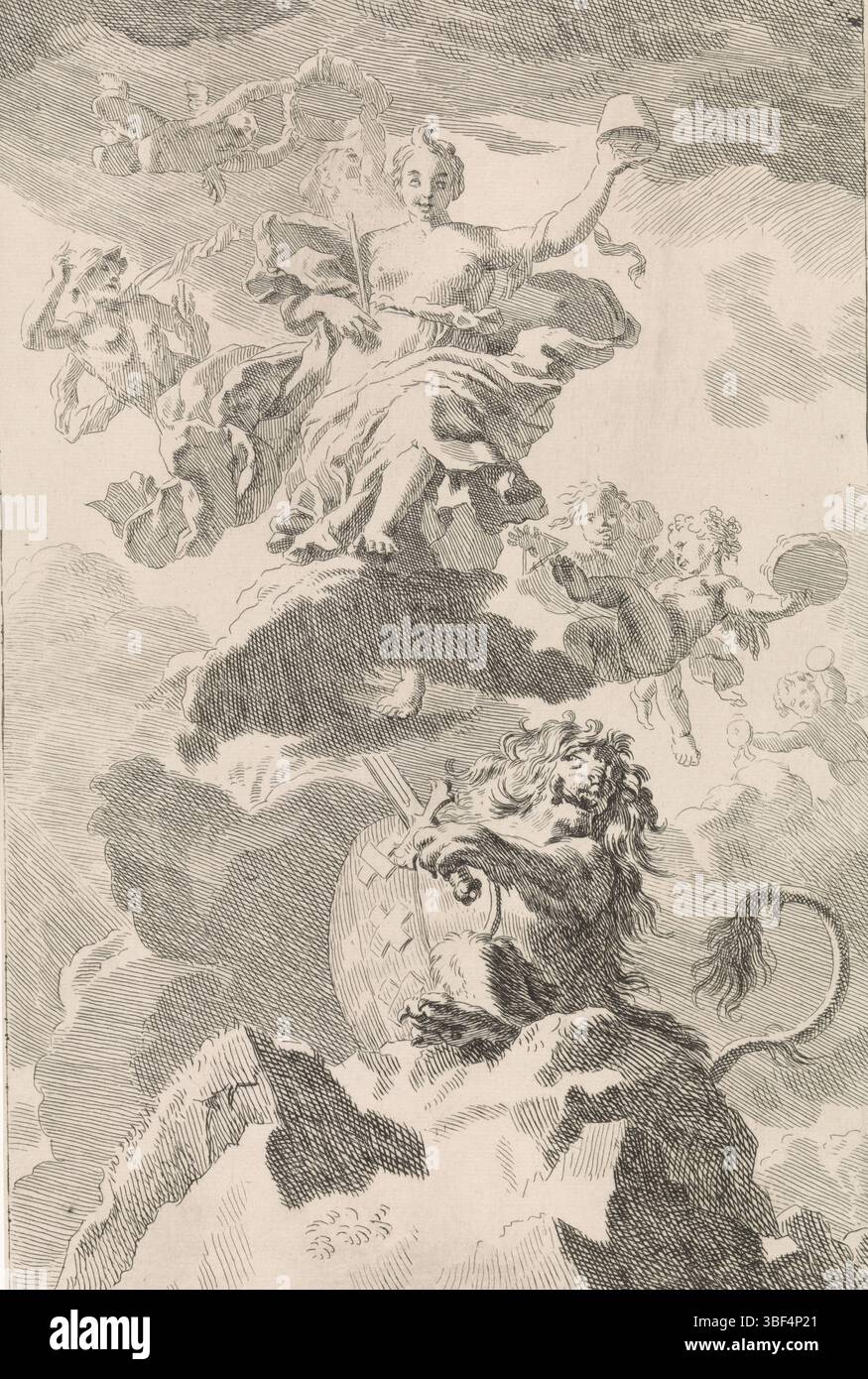 Amsterdam, Schenk, Leonard, Amsterdam, Lairesse, Gerard de, unknown, Glauber, Johannes, Biblico, esibizioni mitologiche e allegoriche, allegorie op de vrijhandel: il leone batavo, verso il basso a sinistra - stampato, tra le nuvole la personificazione libertà, con uno scettro e il cappello della libertà in mano. È circondata da putti e mercurio. Tra di lei il Leone Batavo, con la spada in mano e lo stemma di Amsterdam sul lato. La stampa è su un dipinto a soffitto di Gerard de Lairesse e fa parte di una serie di rappresentazioni bibliche, mitologiche e allegoriche., stampa, altezza 298 mm, larghezza Foto Stock