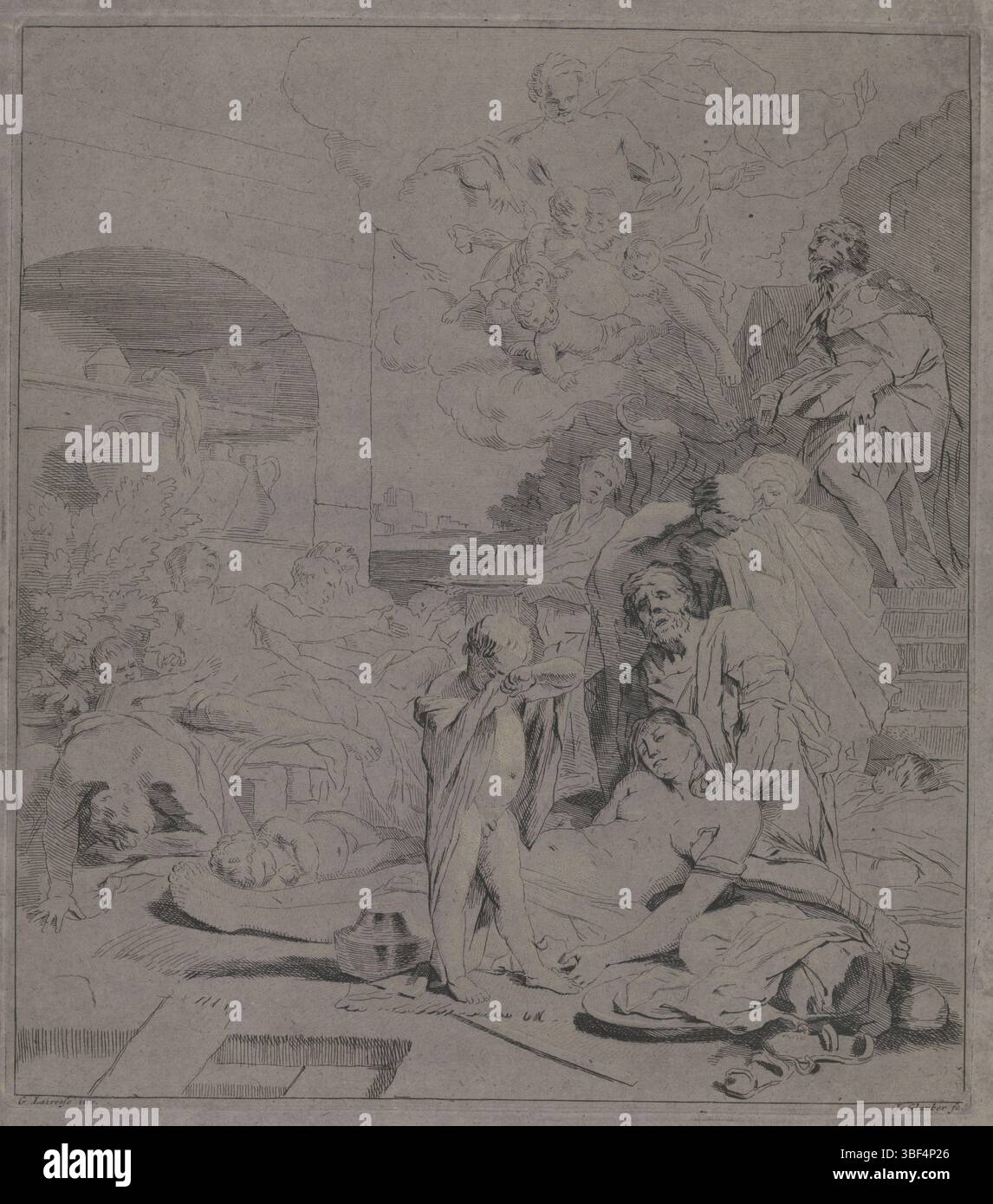Amsterdam, Schenk, Leonard, Amsterdam, Lairesse, Gerard de, unknown, Glauber, Johannes, biblico, spettacoli mitologici e allegorici, Smeekbede van de saint Rochus, verso sinistra sotto - timbrato, durante un focolaio di peste, San Roco (a destra) chiede aiuto alla Vergine Maria. In primo piano un gruppo di bulli. La stampa fa parte di una serie con prestazioni bibliche, mitologiche e allegoriche. Stampa, altezza 338 mm, larghezza 298 mm, 1646 - 1726, macchina per stampa, 1656 - 1726, carta, incisione, incisione, Noord-Nederlands, 1641 - 1711, disegnatore intermedio, dopo il disegno, pubblicazione ( Foto Stock