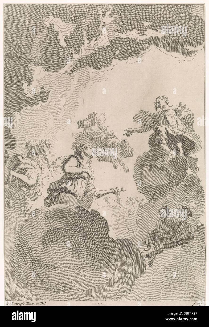 Amsterdam, Schenk, Leonard, Amsterdam, Lairesse, Gerard de, unknown, Glauber, Johannes, Biblico, esibizioni mitologiche e allegoriche, Phaëthon chiede il permesso a suo padre di guidare l'auto solare, verso il basso a sinistra - timbrata, tra le nuvole Phaëthon chiede il permesso a suo padre di guidare l'auto solare. La stampa si riferisce a un dipinto a soffitto perduto di Gerard de Lairesse e fa parte di una serie di rappresentazioni bibliche, mitologiche e allegoriche., stampa, altezza 298 mm, larghezza 198 mm, 1646 - 1726, macchina per stampa, 1670 - 1726, carta, incisione, incisione, Work Conception, Noord-Nederlands, 1641 - 1711, afte Foto Stock