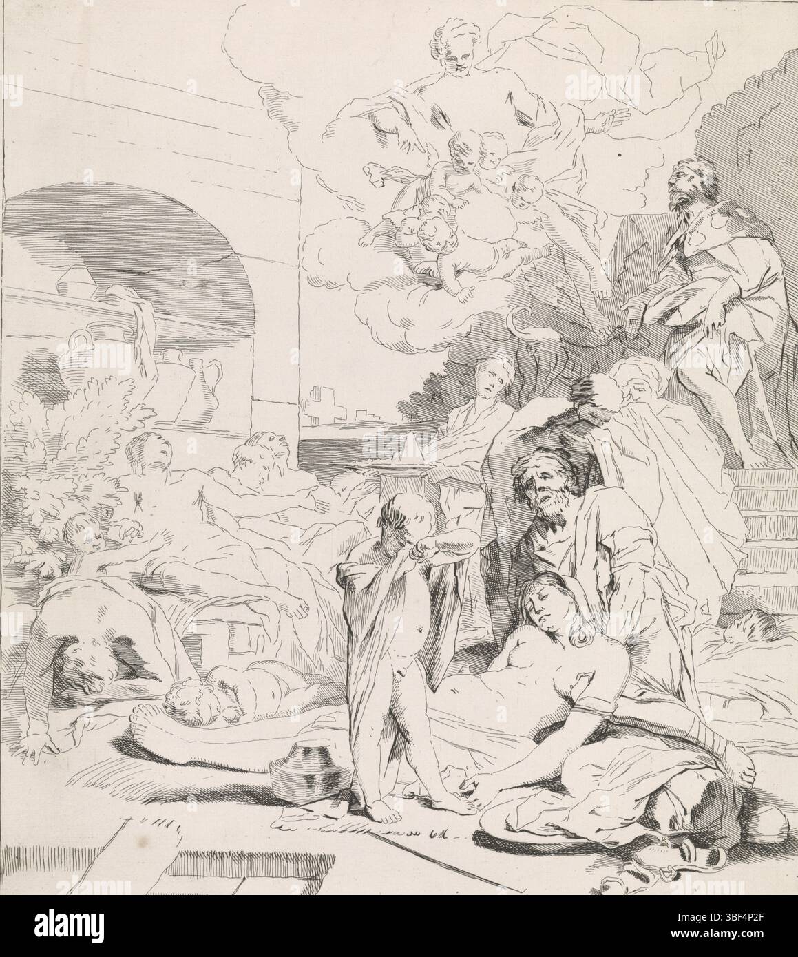 Amsterdam, Schenk, Leonard, Amsterdam, Lairesse, Gerard de, unknown, Glauber, Johannes, Biblico, spettacoli mitologici e allegorici, Smeekbede van de saint Rochus, verso centro - timbrato, durante un focolaio di peste, San Roco (a destra) chiede aiuto alla Vergine Maria. In primo piano un gruppo di bulli. La stampa fa parte di una serie con prestazioni bibliche, mitologiche e allegoriche. Stampa, altezza 335 mm, larghezza 298 mm, 1646 - 1726, macchina per stampa, 1656 - 1726, carta, incisione, incisione, Noord-Nederlands, 1641 - 1711, disegnatore intermedio, dopo il disegno, pubblicazione (anche Foto Stock