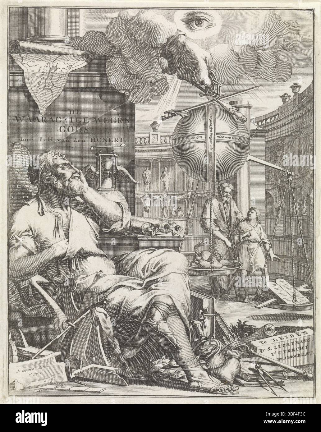 Utrecht, Broedelet, J., Leiden, Luchtmans, Samuel (i), Goeree, Jan, Amsterdam, De waardigewegen Gods, homepage di Tajo Hajo van den Honert, De waardigewegen, 1734, Allegoria sul potere di Dio, Utrecht, Un uomo siede su una sedia e medita sul potere di Dio. Intorno a lui simboli di vita religiosa (ancora, alveare) e di vita secolare (moneybuidel, corona, bussola, clessidra con ali). Dietro di lui un muro con il titolo del libro. Nell'aria l'occhio onniveggente di Dio e la mano di Dio. La mano regge una scala su cui si pesa bene e male. Sullo sfondo un insegnante che insegna a un giovane Foto Stock