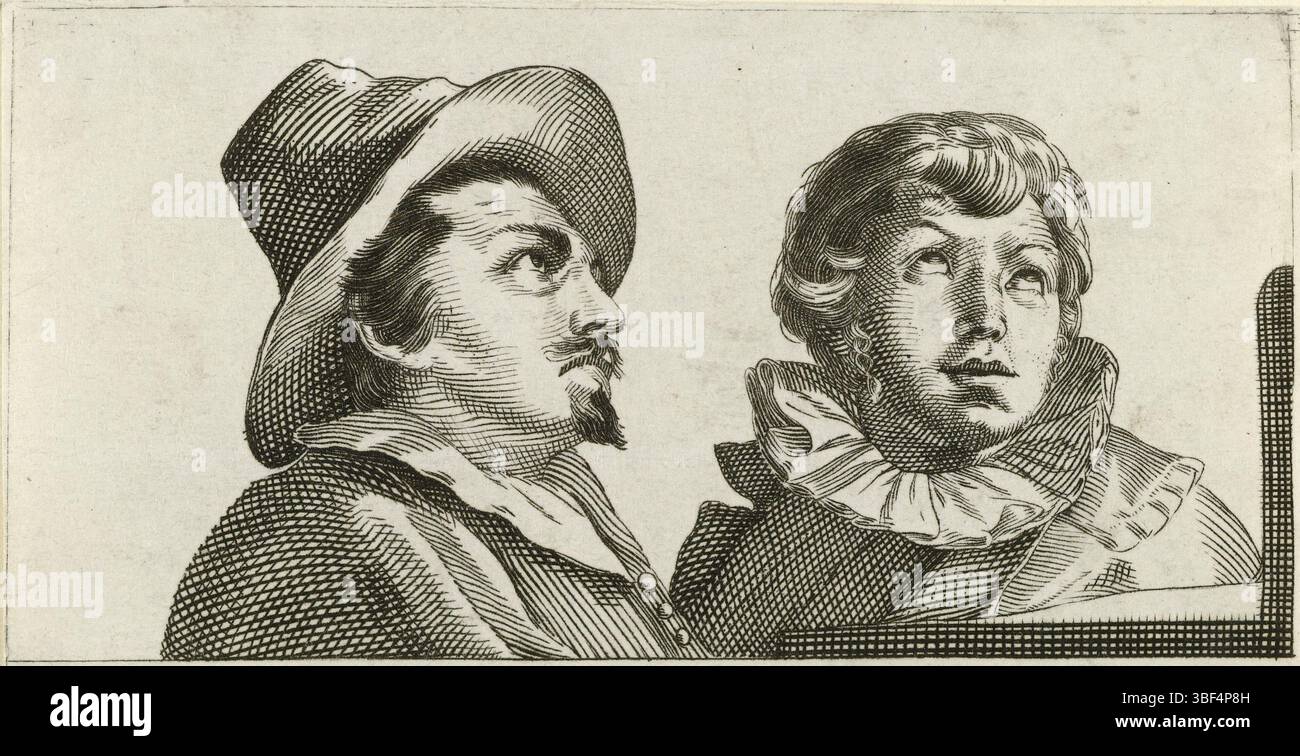 Goltzius, Hendrick, due uomini che vedono la statua di Ercole Farnese, verso - timbrata, due uomini guardano la scultura Ercole Farnese, che fu esposta a Palazzo Farnese fino al 1787., stampa, altezza 53 mm, larghezza 100 mm, incisore, 1617 - 1667, carta, incisione, incisione (processo di stampa), concetto di lavoro, Noord-Nederlands, 1558-01 - 1617-01-01 Foto Stock