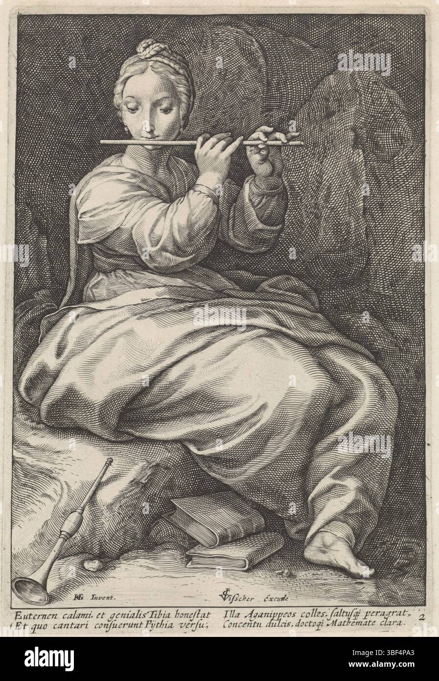 Amsterdam, Visscher, Claes Jansz. II), Estius, Franco, Goltzius, Hendrick, le nove muse, Euterpe, Amsterdam, verso-timbrate, la seduta Euterpe, la musa della musica e dei testi, suona il flauto e ai suoi piedi si trovano un clarinetto e libri. Sotto la presentazione due versi a due righe in latino., stampa, altezza 248 mm, larghezza 169 mm, stampatore, 1601 - 1652, carta, incisione, incisione (processo di stampa), concetto di lavoro, Noord-Nederlands, 1558-01 - 1617-01-01, dopo la stampa di, scrittore, pubblicazione (evento), pubblicazione, 1586 - 1652-06-19, editore Foto Stock