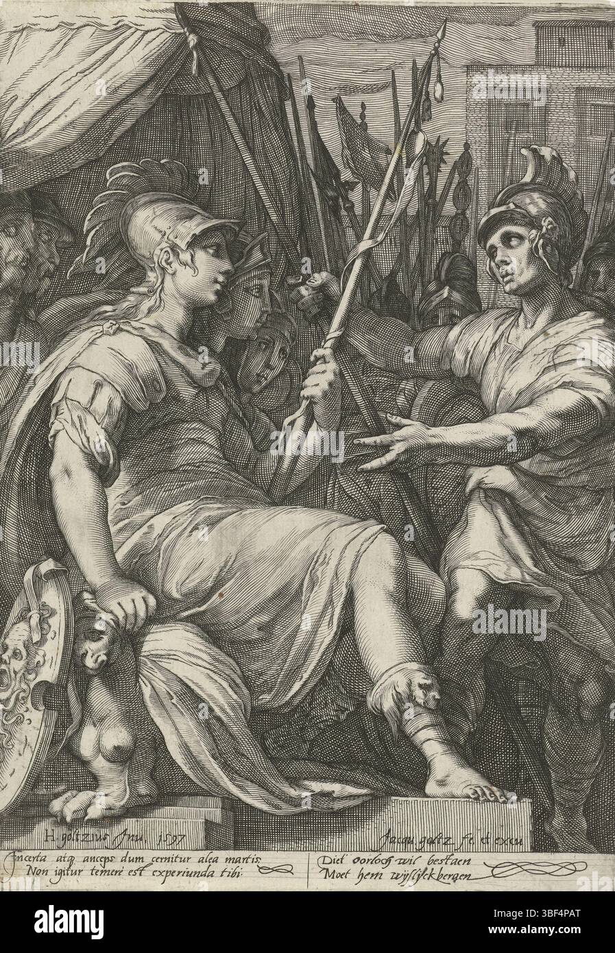Goltzius, Jacob (II), Goltzius, Hendrick, Minerva circondato da guerrieri, verso in basso a sinistra - timbrato, la dea Minerva in armatura siede su un trono. Intorno ai suoi soldati. La stampa ha una didascalia latina e olandese con un incantesimo saggio., print, n. 462, verso il centro sotto - scritto, altezza 248 mm, larghezza 174 mm, olandese settentrionale, 1574 - 1630-06-27, stampatore, 1597 - 1597, carta, incisione, incisione (processo di stampa), Work Conception, 1558-01 - 1617-01-01, su progetto di, scrittore, pubblicazione (evento), pubblicazione, Noord-Nederlands, editore Foto Stock
