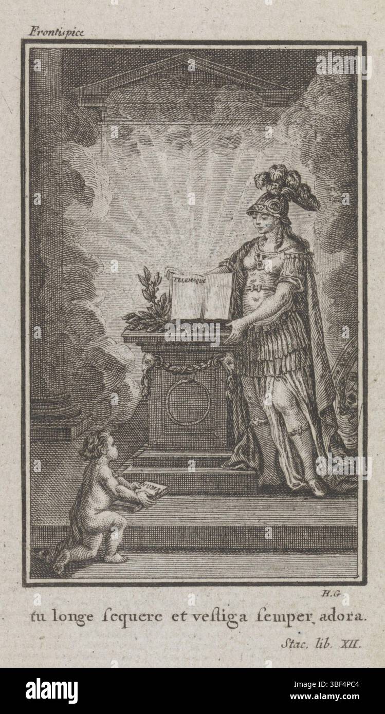 Bruxelles, Franck, Benoît le, Florian, Jean Pierre Claris de, Liegi, Dea, Henri-Joseph, Homepage di Jean Pierre Claris de Florian, Numa Pompilius, Second roi de Rome, 1790, Minerva presenta il libro Telemaque, Bruxelles, verso middle - timbrato, Minerva è in armatura completa accanto a un piedistallo. Presenta un libro aperto scritto in esso: Télémaque. Un putto si inginocchia davanti al piedistallo. Deve aver scritto un libro aperto in esso: NUMA. Con una didascalia in francese., stampa, pagina del titolo, stampe, larghezza 135 mm, altezza, 78 mm, 1747 - 1834, stampatore, 1790 - 1790, carta, incisione, incisione (processo di stampa), le Foto Stock