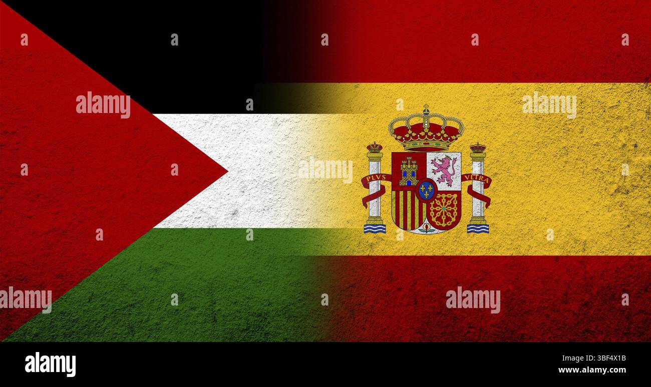 Bandiera della Palestina e bandiera nazionale del Regno di Spagna. Sfondo grunge Foto Stock