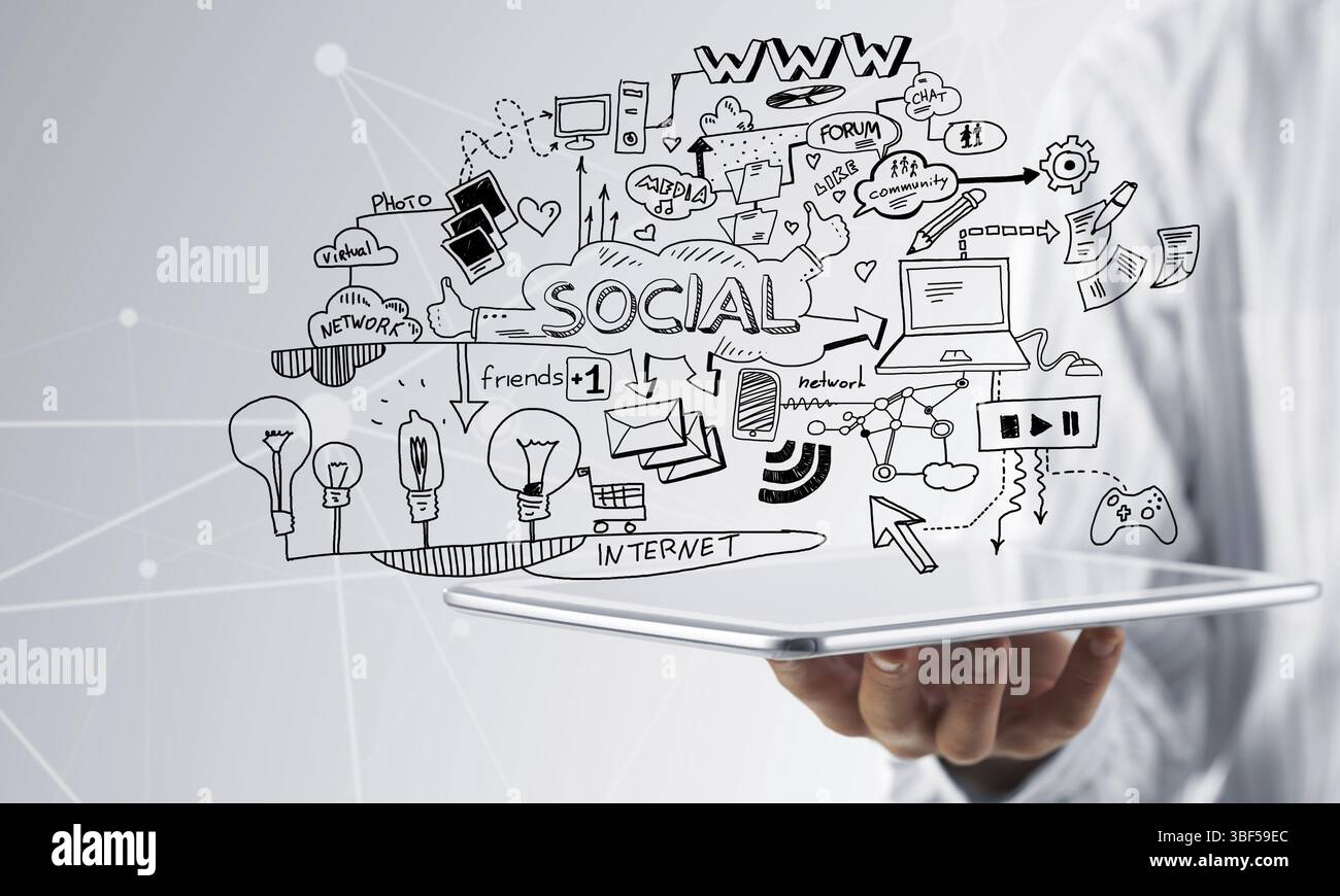 Imprenditore demostrating mano strategia di business plan su tablet schermo Foto Stock