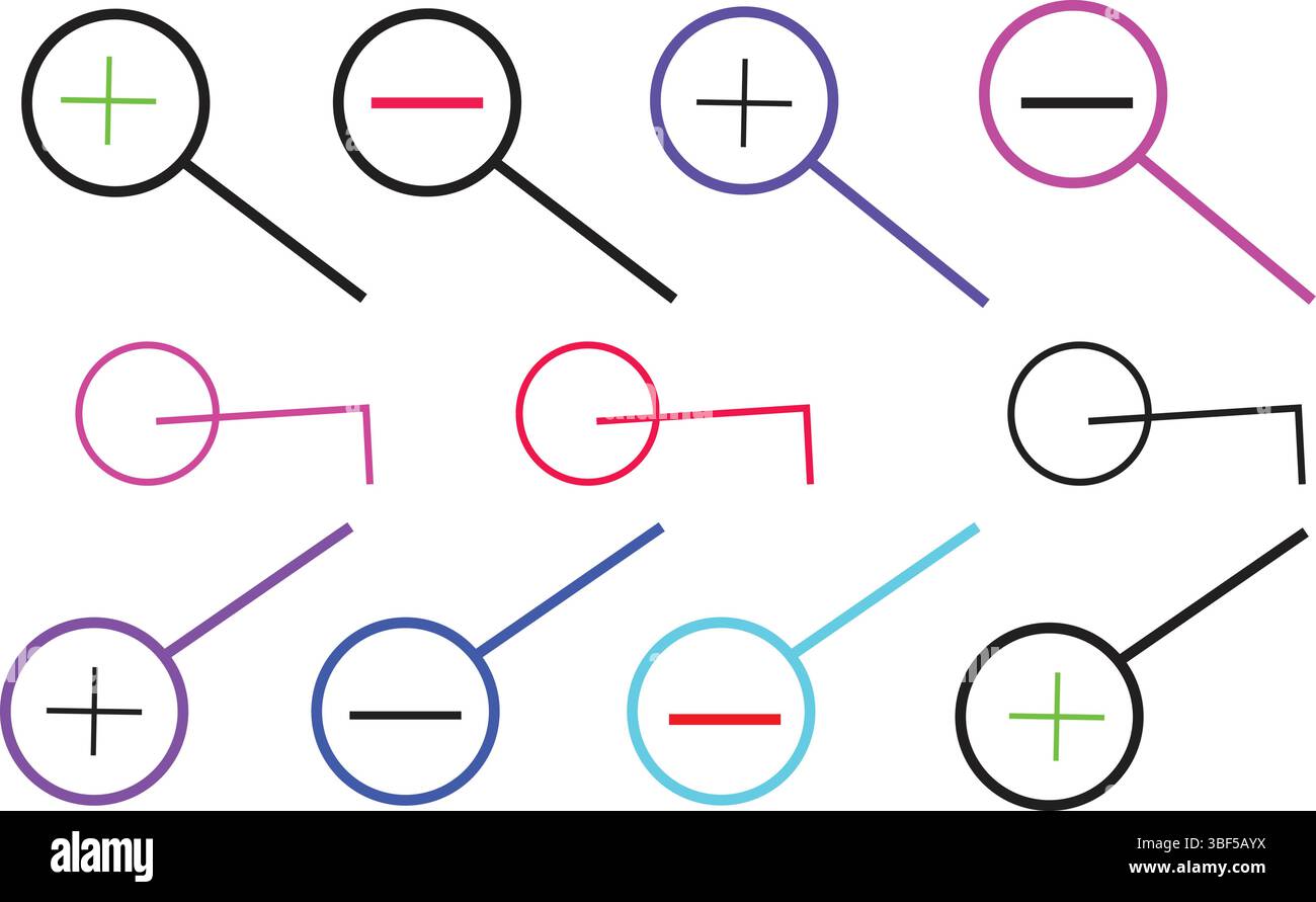 Zoom avanti e indietro icona lente di ingrandimento impostata in stile lineare per i progetti dell'interfaccia di ricerca dell'interfaccia utente Web Illustrazione Vettoriale