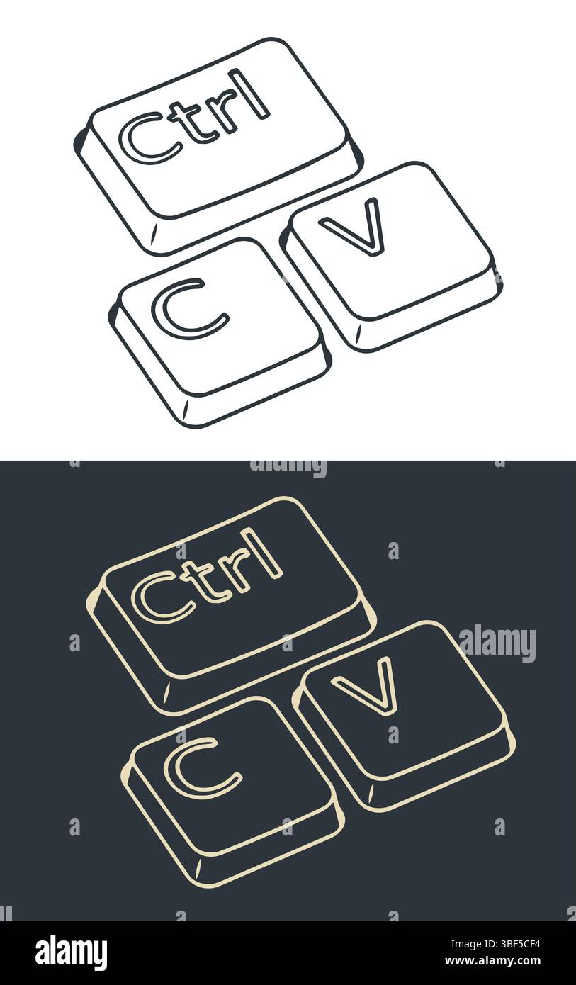 I tasti Ctrl c e ctrl V illustrazioni vettoriali ironiche stilizzate Illustrazione Vettoriale