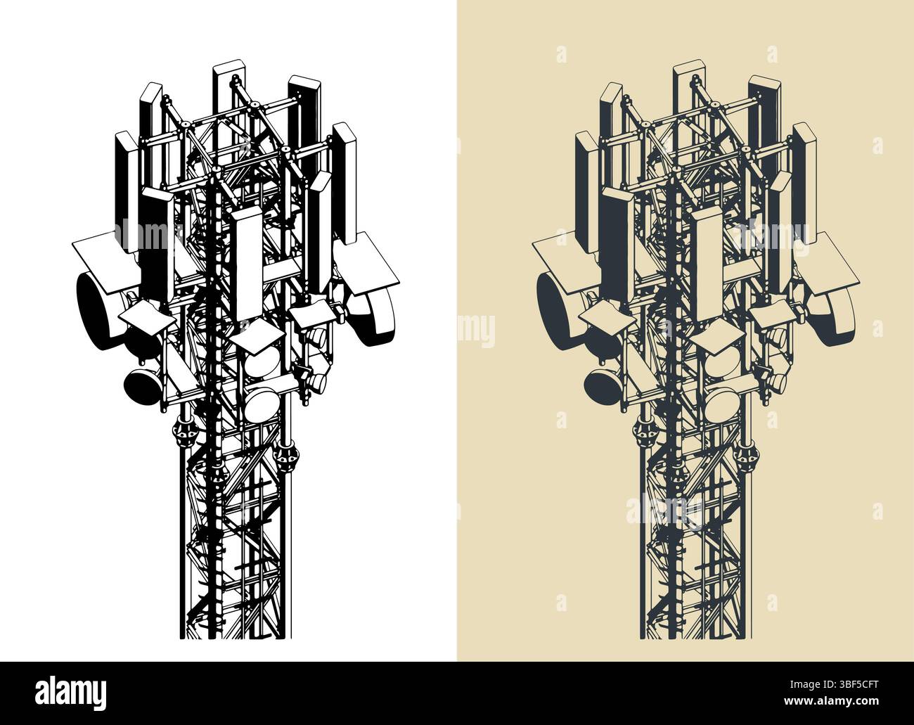 Primo piano di una torre di telecomunicazioni alta, illustrazioni vettoriali stilizzate Illustrazione Vettoriale