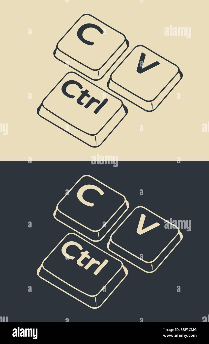 I tasti Ctrl c e ctrl V illustrazioni vettoriali ironiche stilizzate Illustrazione Vettoriale