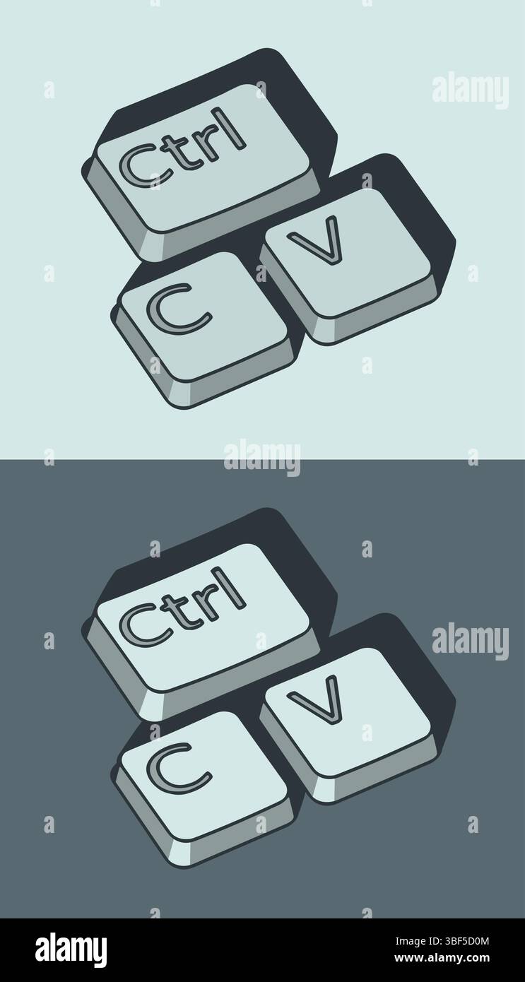 I tasti Ctrl c e ctrl V illustrazioni stilizzate di vettori ironici e fumetti Illustrazione Vettoriale