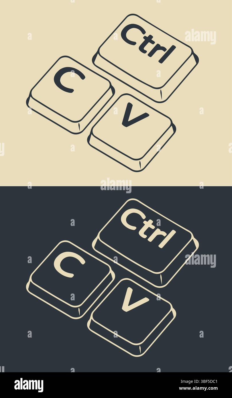 I tasti Ctrl c e ctrl V illustrazioni vettoriali ironiche stilizzate Illustrazione Vettoriale