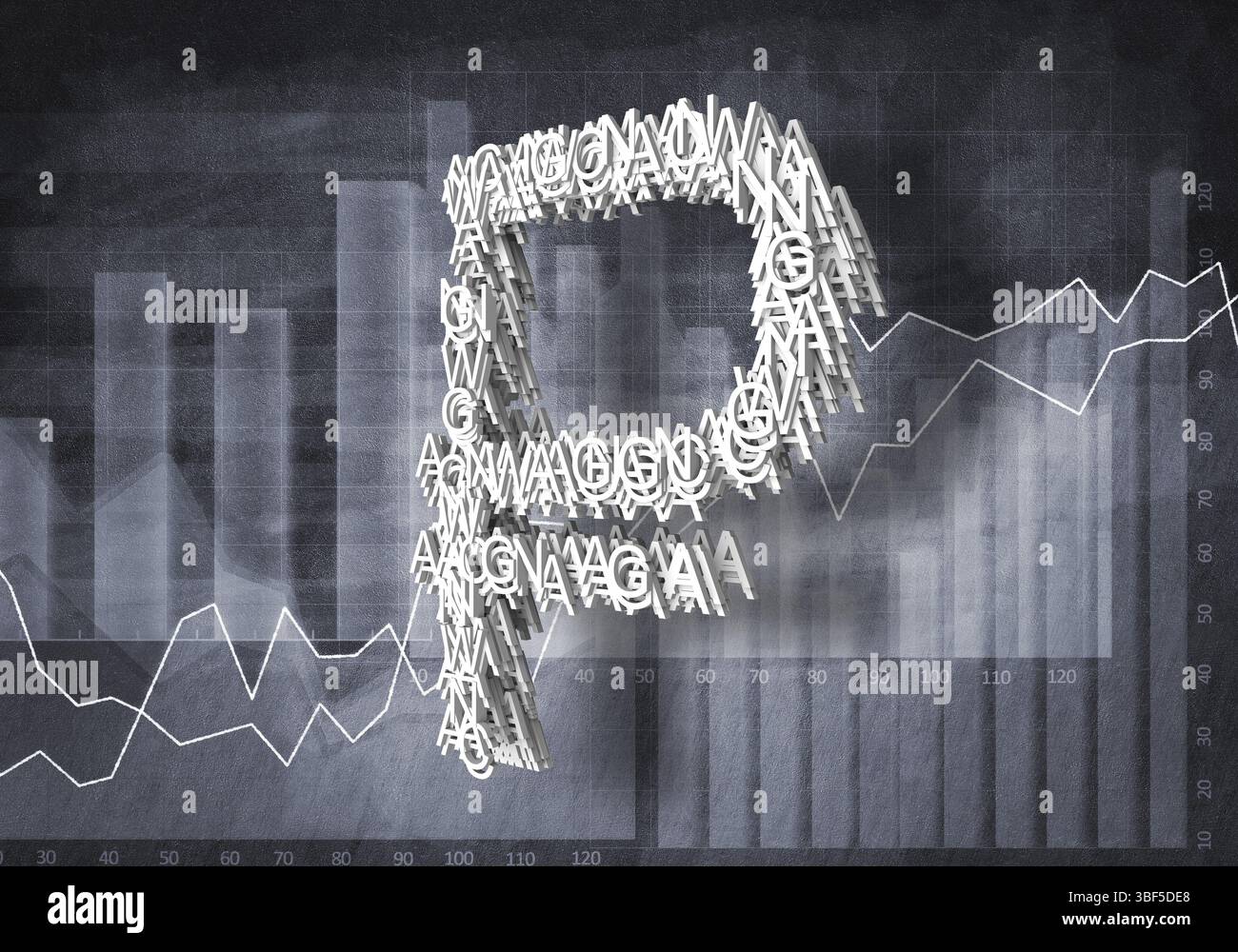 Simbolo di valuta grande rublo su grafici e diagrammi sfondo, 3d, rendering Foto Stock