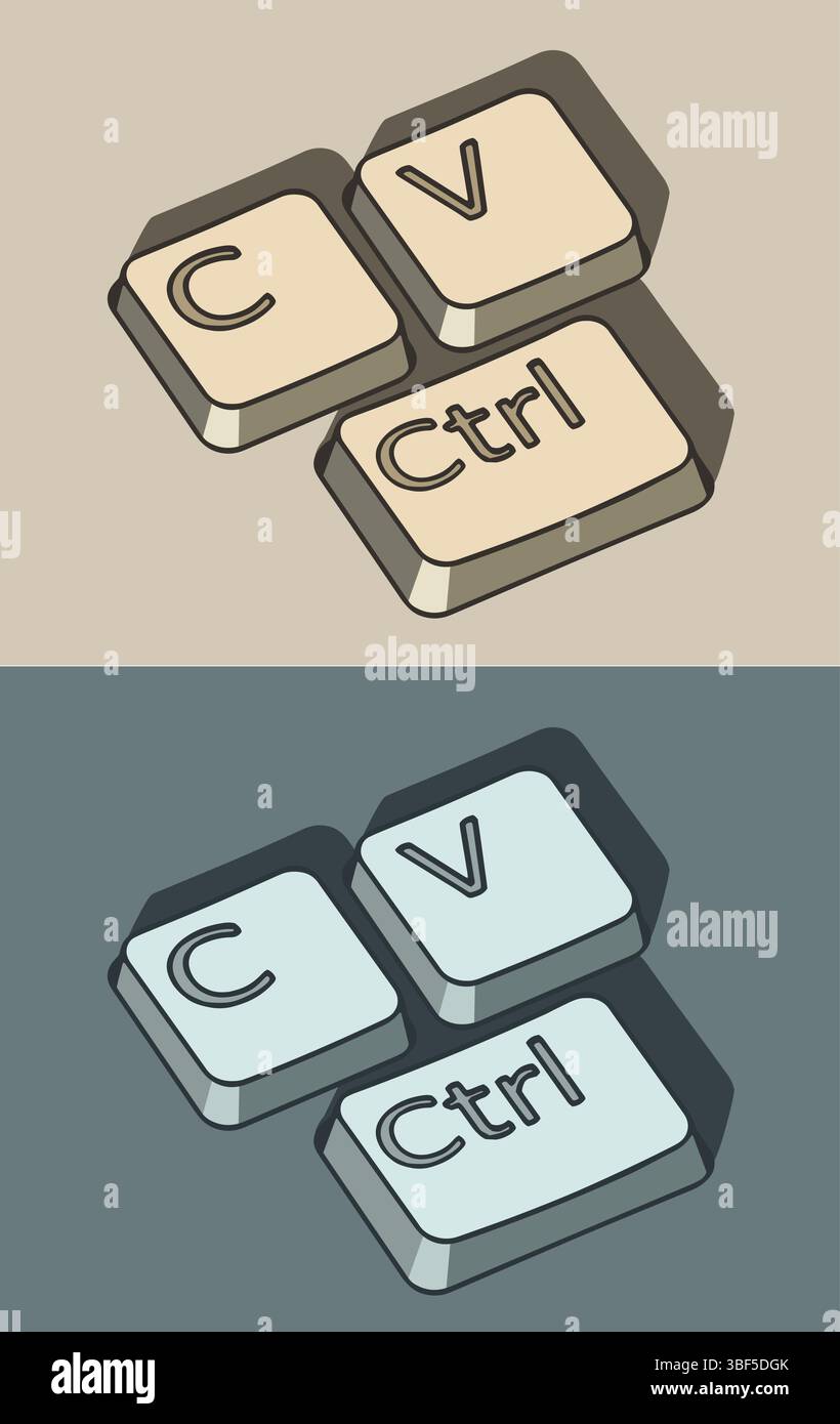 I tasti Ctrl c e ctrl V illustrazioni stilizzate di vettori ironici e fumetti Illustrazione Vettoriale