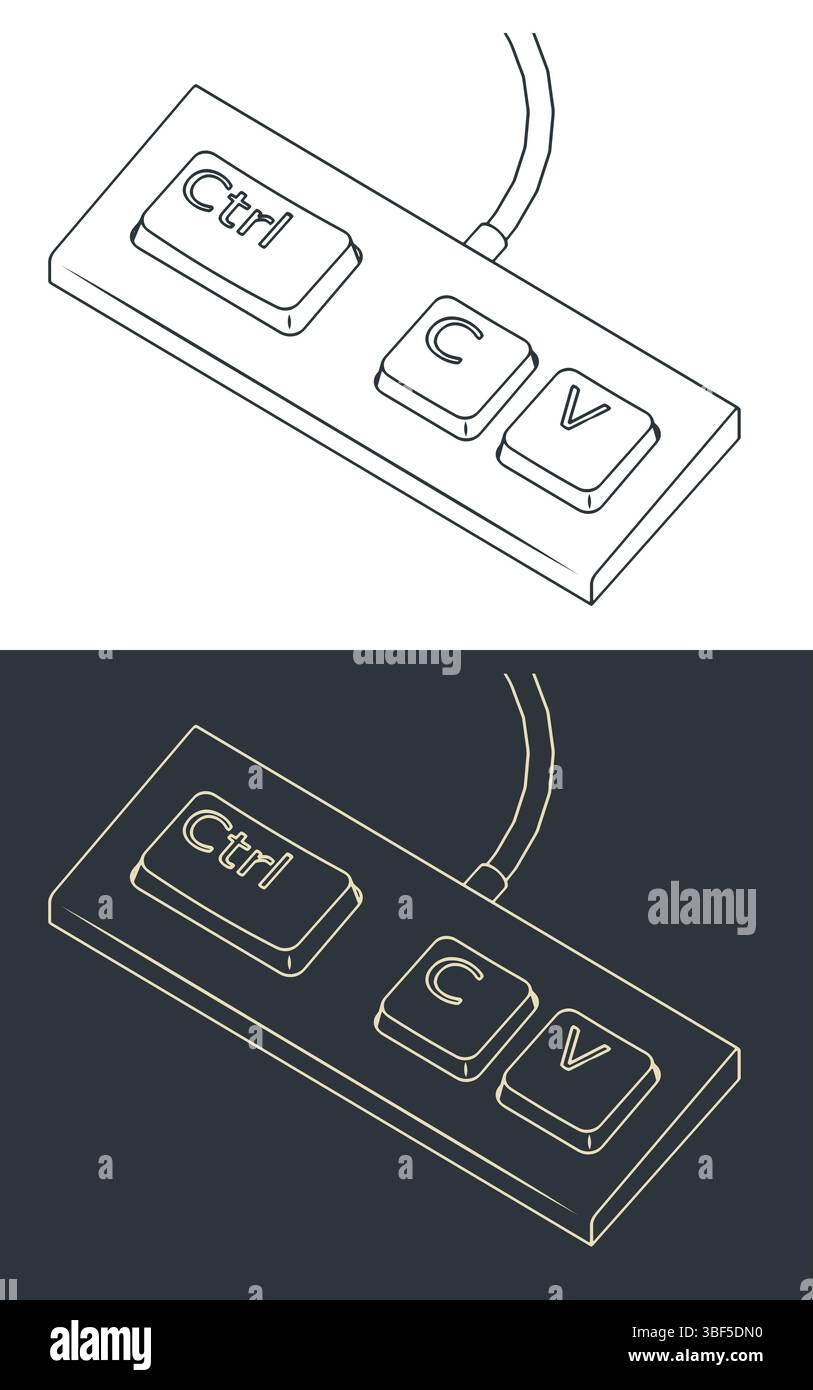 Tastiera con tre tasti Ctrl C e V illustrazioni stilizzate di immagini vettoriali e ironiche Illustrazione Vettoriale