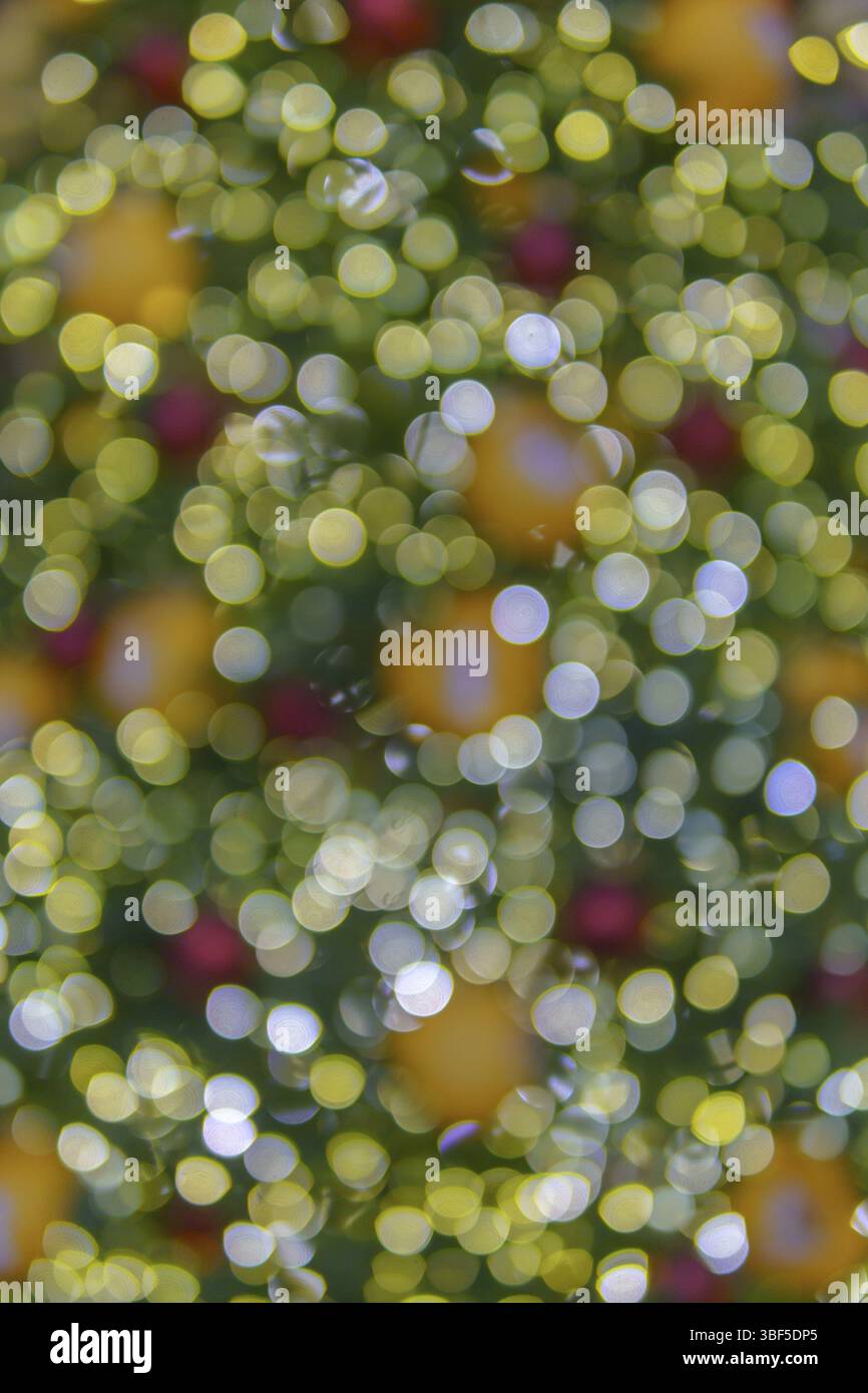 I cerchi bokeh posizionati in modo caotico brillano con luci natalizie. Sfondo natalizio Foto Stock