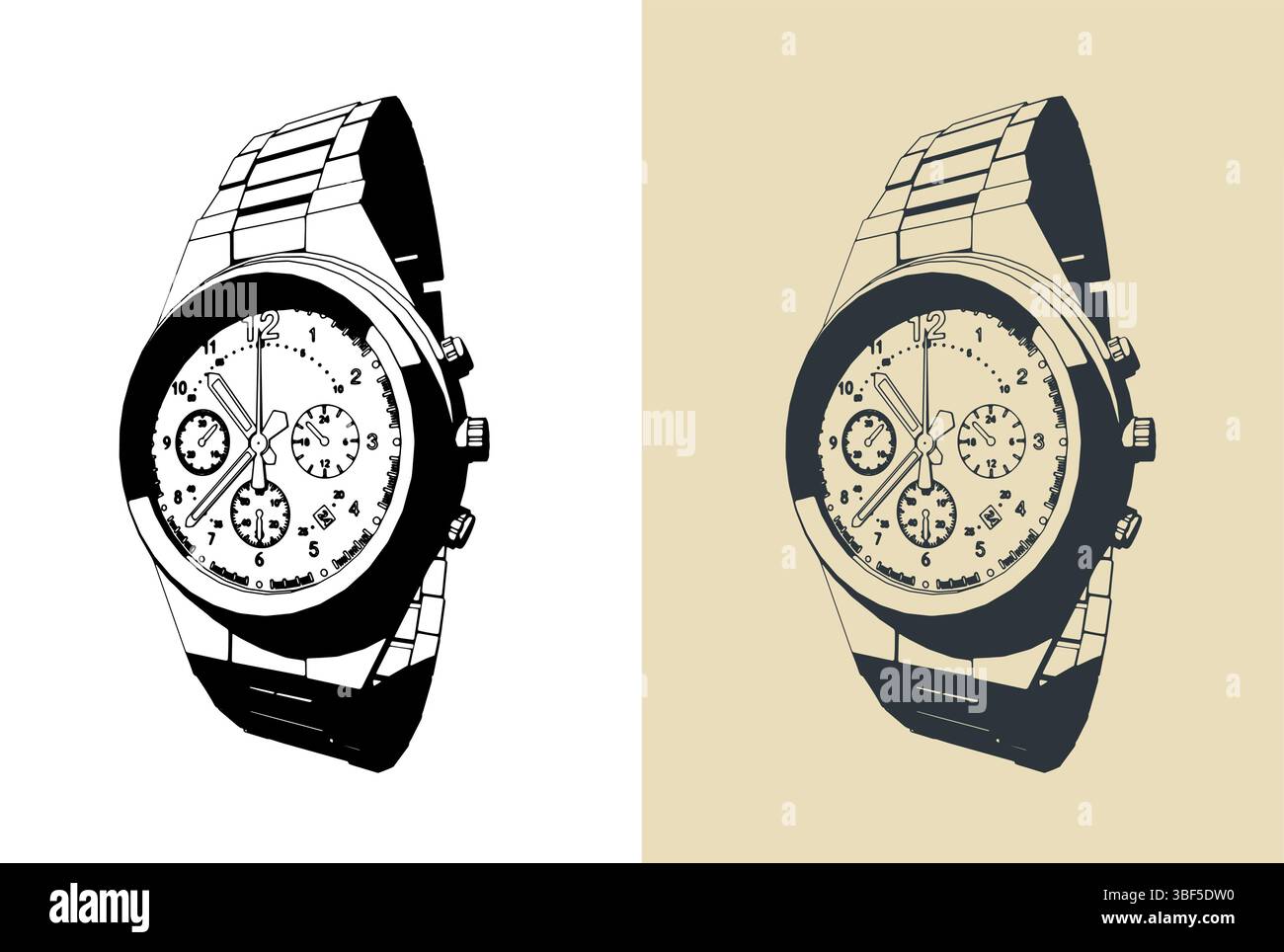 Quadrante dell'orologio da polso, primo piano, illustrazioni vettoriali stilizzate Illustrazione Vettoriale