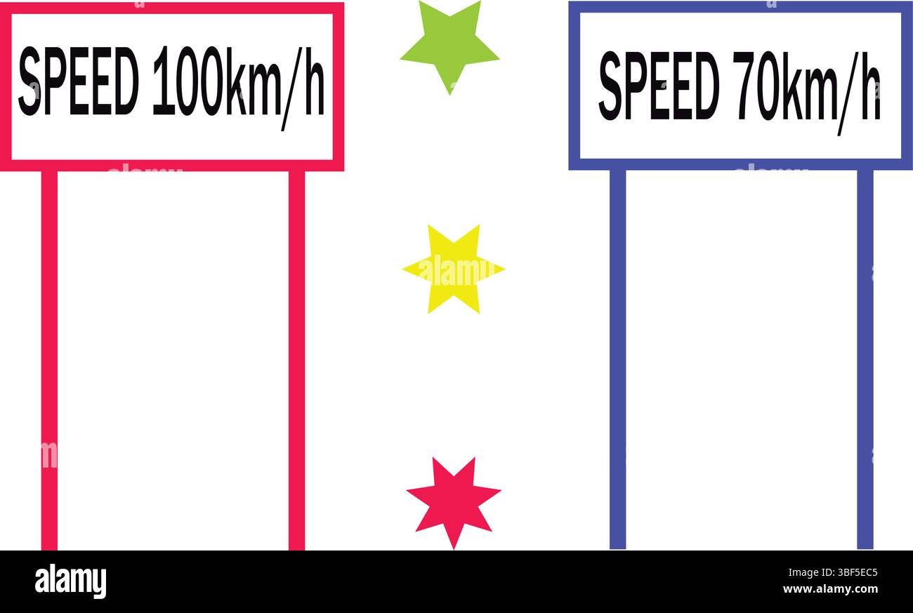 Set vettoriale scheda limite di velocità con combinazione di colori doppia e dettagli a stella per il design della sicurezza stradale. Illustrazione Vettoriale