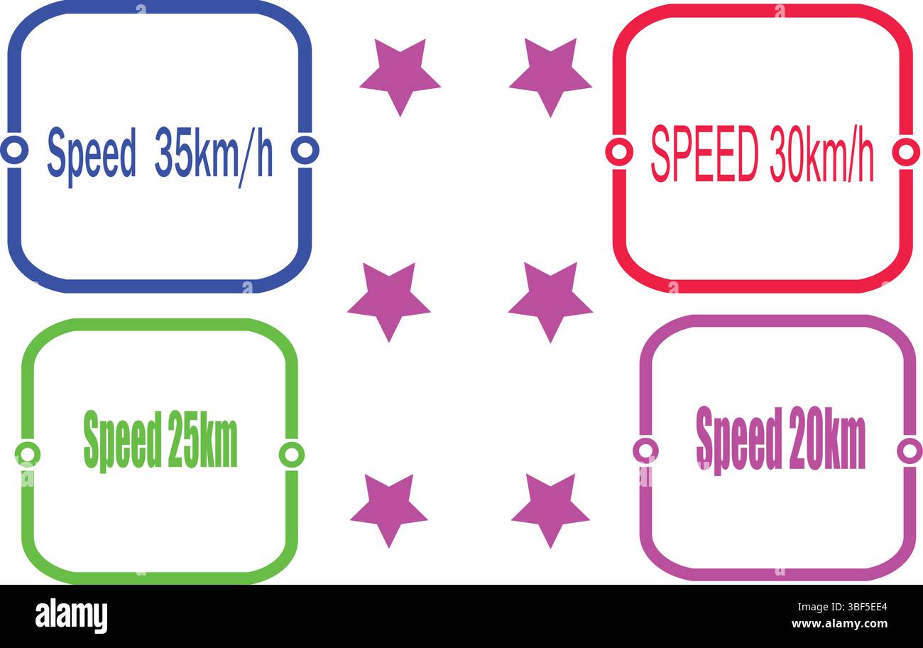 Etichette arrotondate dei limiti di velocità con caratteri in grassetto e stelle per l'uso della segnaletica di sicurezza stradale o dell'interfaccia app. Illustrazione Vettoriale Etichette arrotondate dei limiti di velocità con caratteri in grassetto e stelle per l'uso della segnaletica di sicurezza stradale o dell'interfaccia app. Illustrazione Vettoriale
