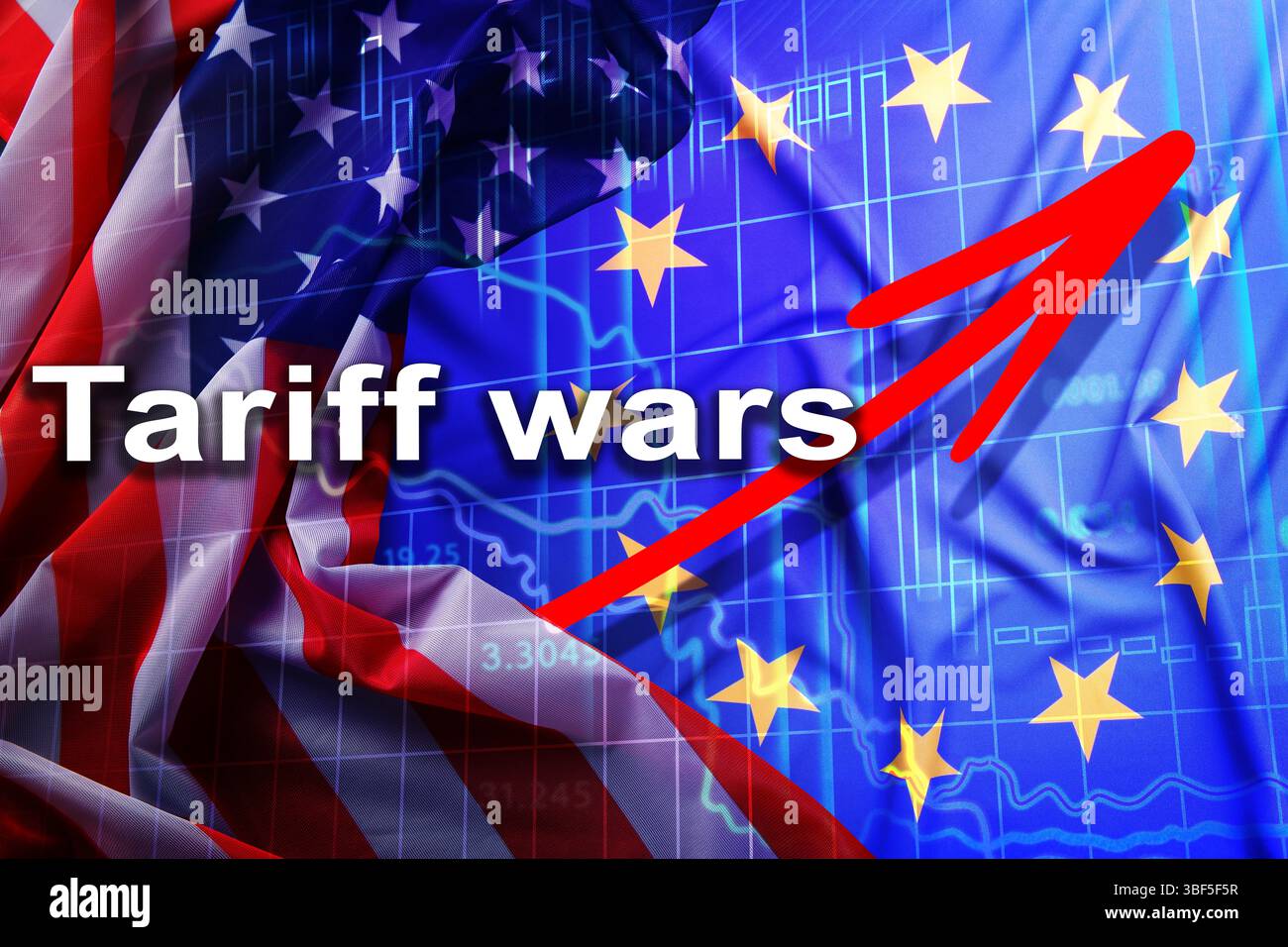 Guerre tariffarie. Bandiere dell'America e dell'Unione europea, grafico e freccia. Doppia esposizione Foto Stock