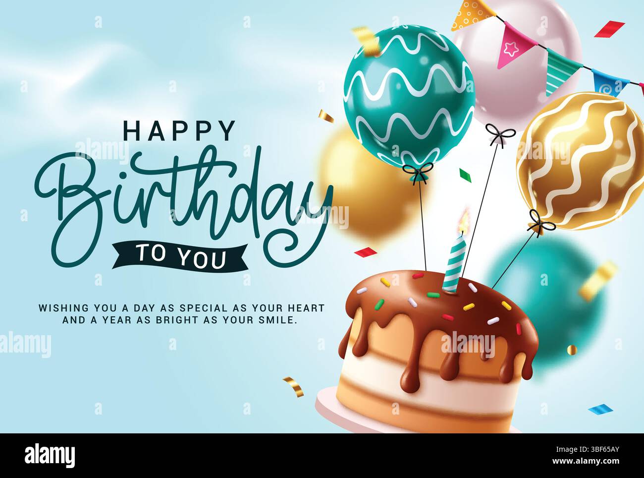 Auguri di buon compleanno: Clipart design. Auguri di compleanno e saluto per la carta di invito alla festa con torta galleggiante e elementi decorativi palloncini Illustrazione Vettoriale