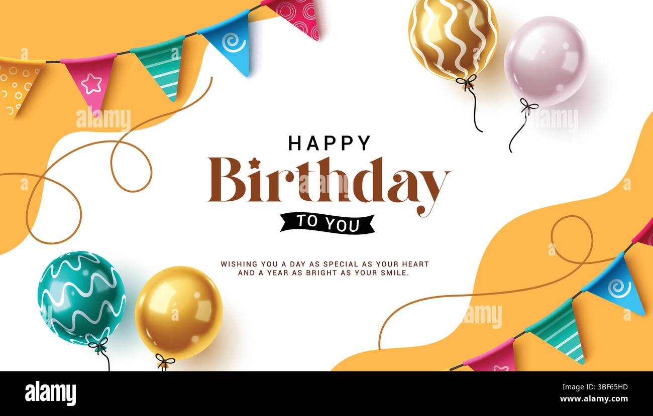 Design del banner clipart per auguri di buon compleanno. Auguri e auguri di compleanno in uno sfondo astratto con palloncini colorati e decorazioni a pennant Illustrazione Vettoriale