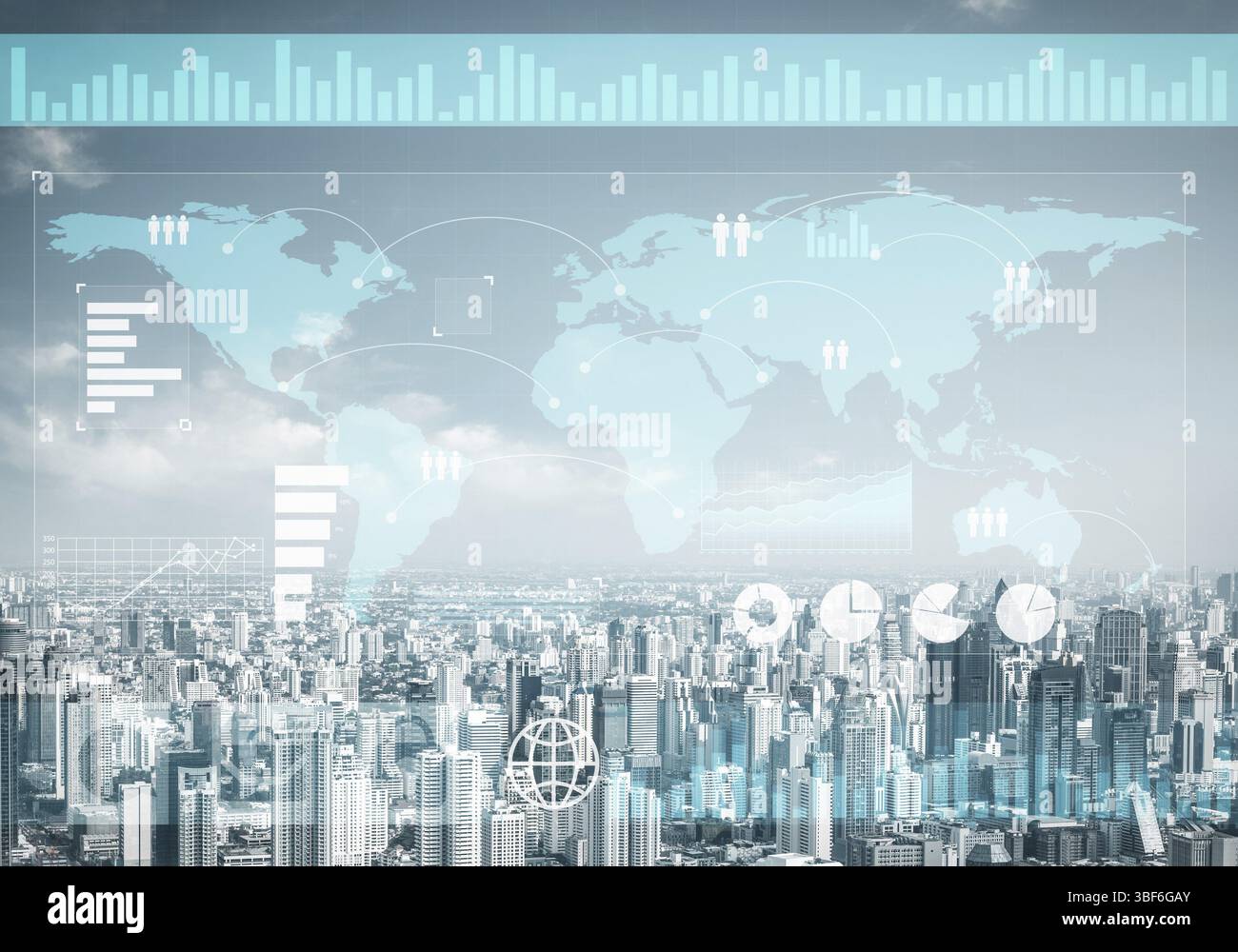 Dati sulla borsa sullo sfondo del paesaggio urbano moderno. Interfaccia virtuale di online trading platform. Digital indici economici e finanziari complessi analyti Foto Stock