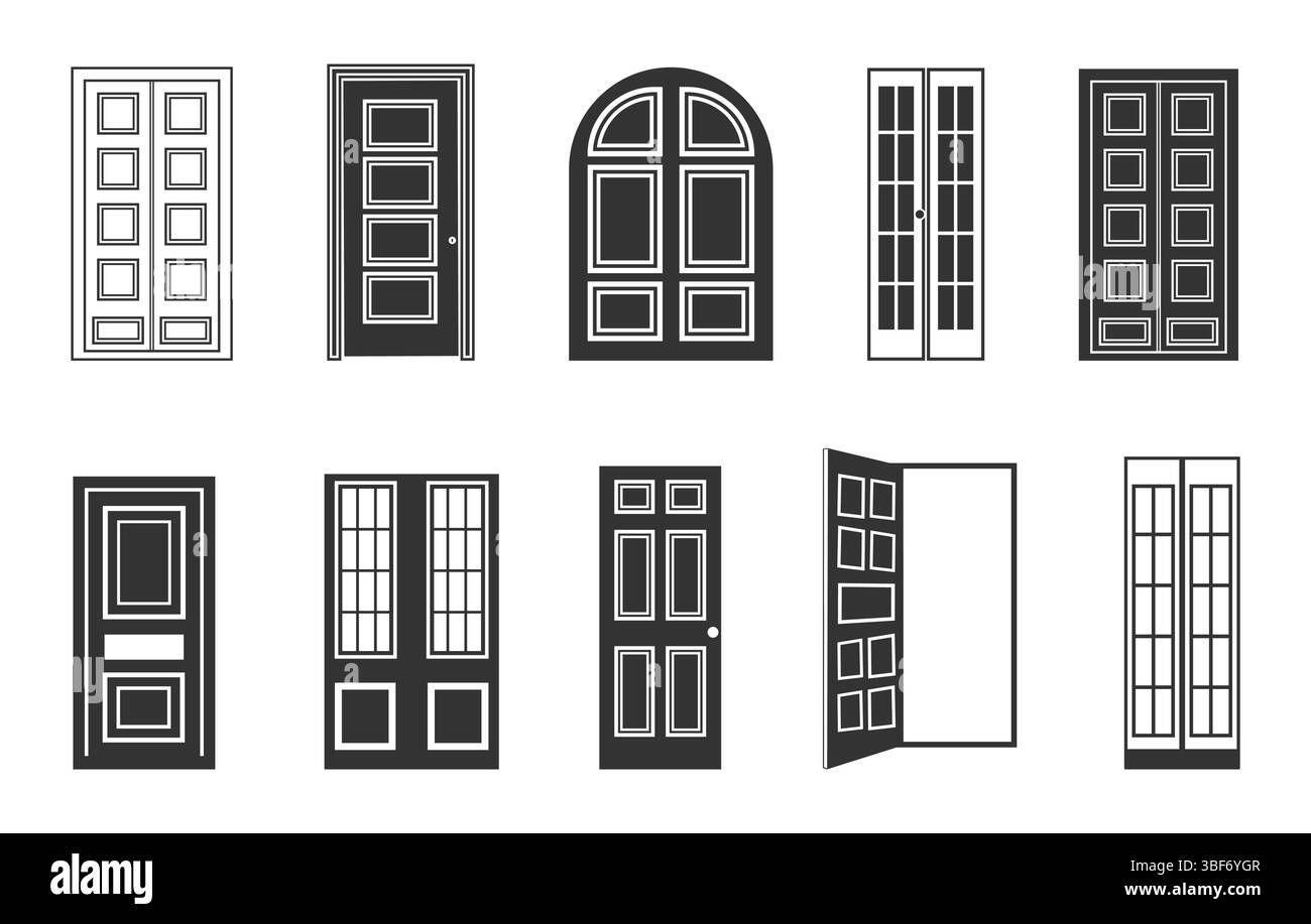 Silhouette della portiera, svg della portiera, svg della portiera in legno, icona della portiera, logo della portiera, porta camera da letto svg, set vettoriale porta. Illustrazione Vettoriale