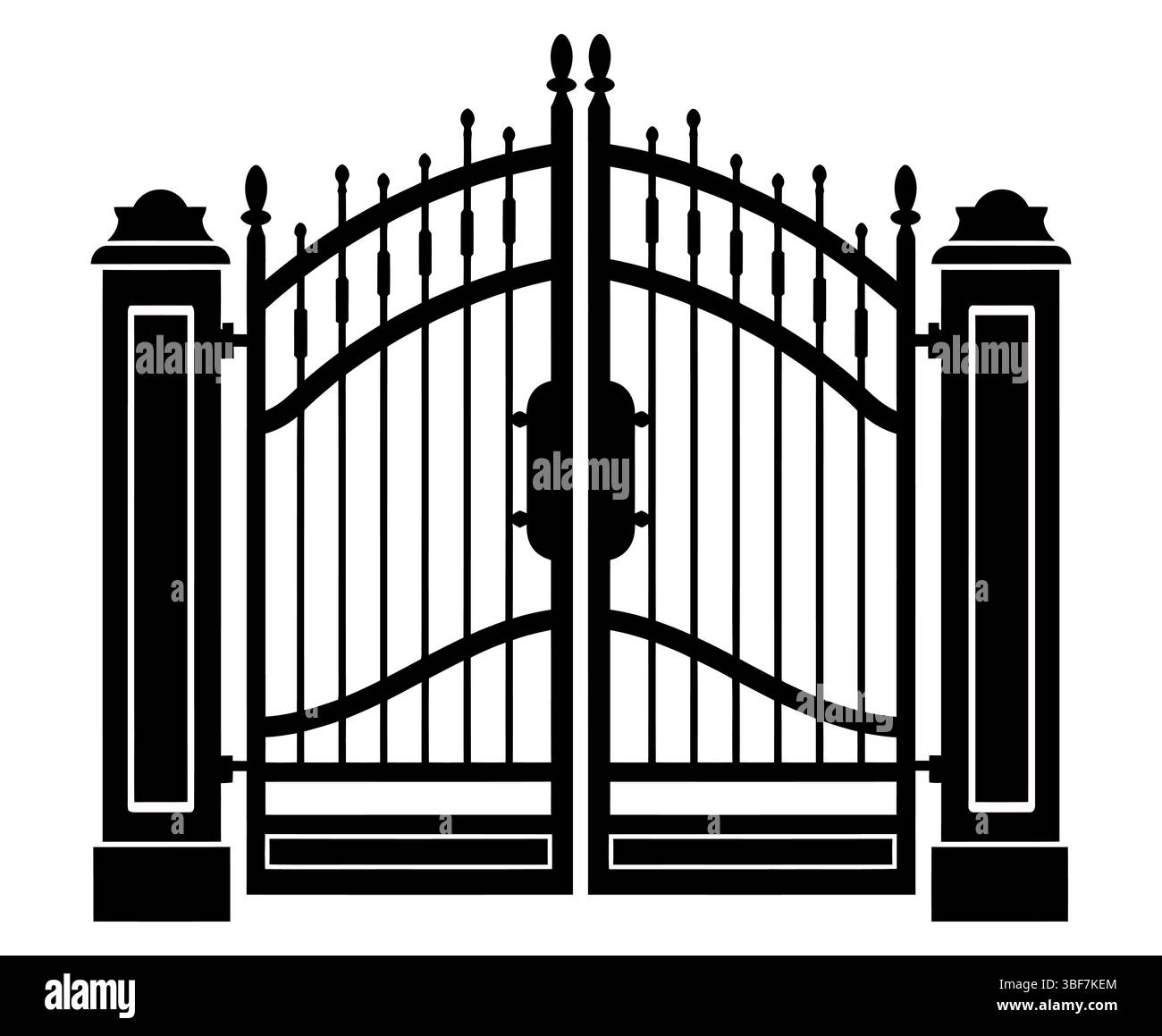 Illustrazione vettoriale del design del cancello in ferro battuto nero per l'ingresso di sicurezza, l'edificio architettonico della recinzione Illustrazione Vettoriale