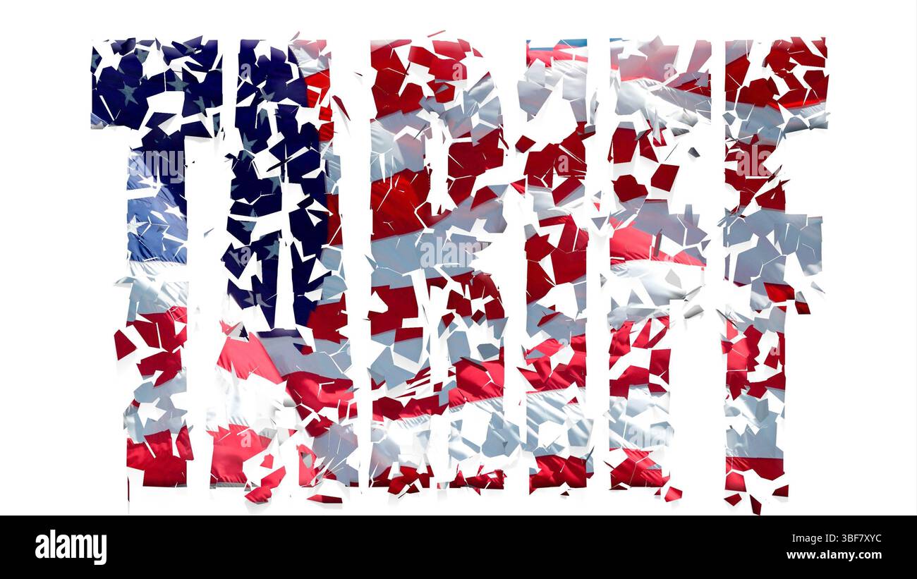 Composito digitale. 31 maggio 2025 la parola tariffa con una sovrapposizione della bandiera degli Stati Uniti che sbriciola. Sotto la presidenza di Donald Trump le tariffe sono state utilizzate come arma in una guerra commerciale in cui quasi nessun paese è stato escluso. Il ciclo delle notizie è stato dominato dalla questione, in quanto le tariffe sono annunciate in ritardo, annullate e poi riannunciate. america, america, importazioni, esportazioni, commercio, volubile, politica Foto Stock