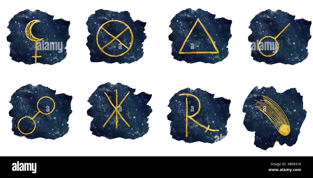 Simboli astrologici dorati e aspetti sul cielo stellato. Illustrazione acquerello. Set di simboli per stelle, comete, isolati su sfondo bianco. Tema o Foto Stock
