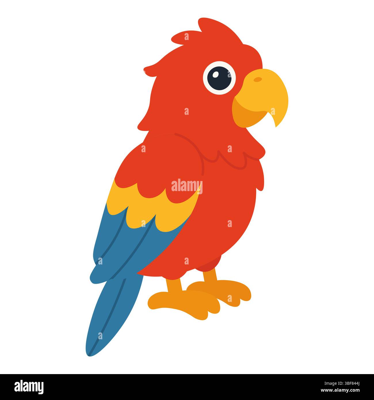 Un'immagine vettoriale luminosa e giocosa di un pappagallo rosso con piume gialle e blu, in posizione verticale con un'espressione allegra. Ideale per bambini desi Illustrazione Vettoriale