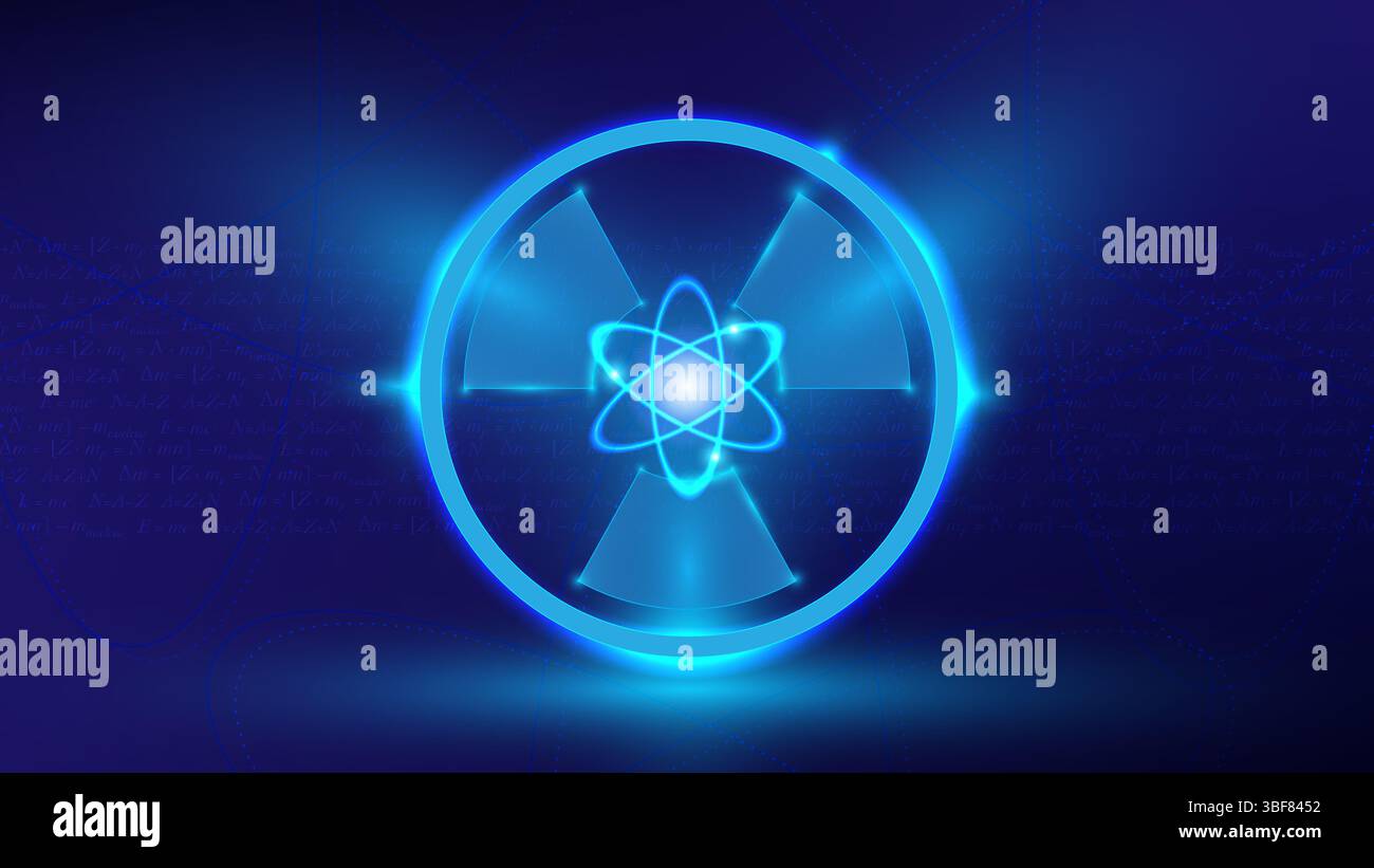 Su uno sfondo blu profondo, il simbolo nucleare a tre pale, in particolare l'emblema della radiazione atomica, trasmette chiaramente energia nucleare, tecnologia, e. Foto Stock