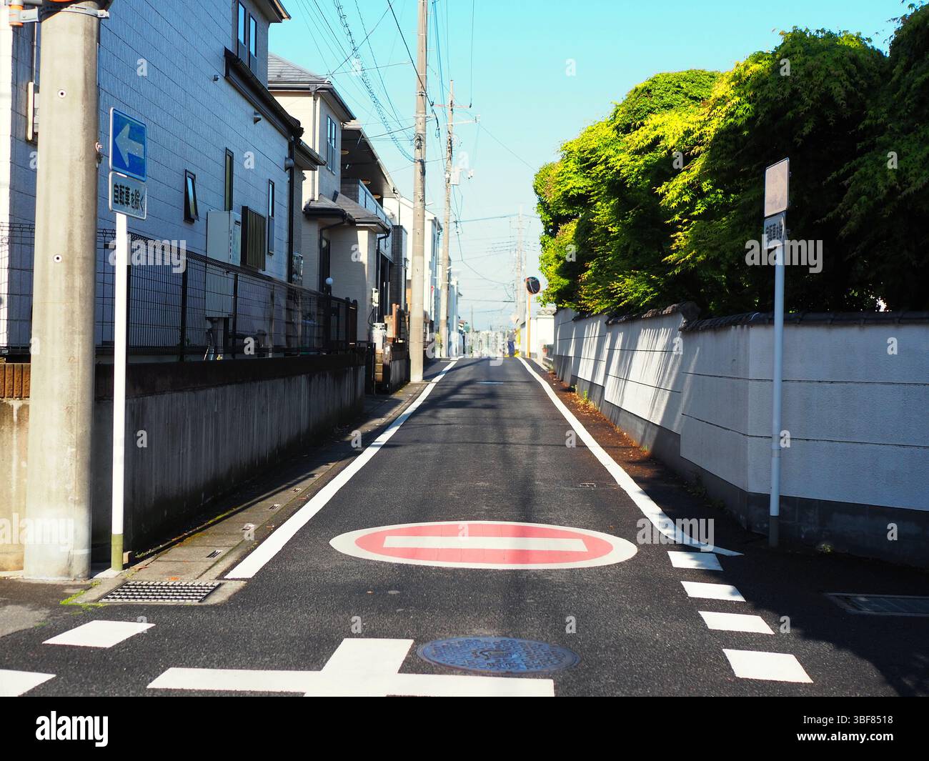 Tranquilla strada suburbana in Giappone in una luminosa mattina d'estate con fogliame verde e luce soffusa del sole Foto Stock